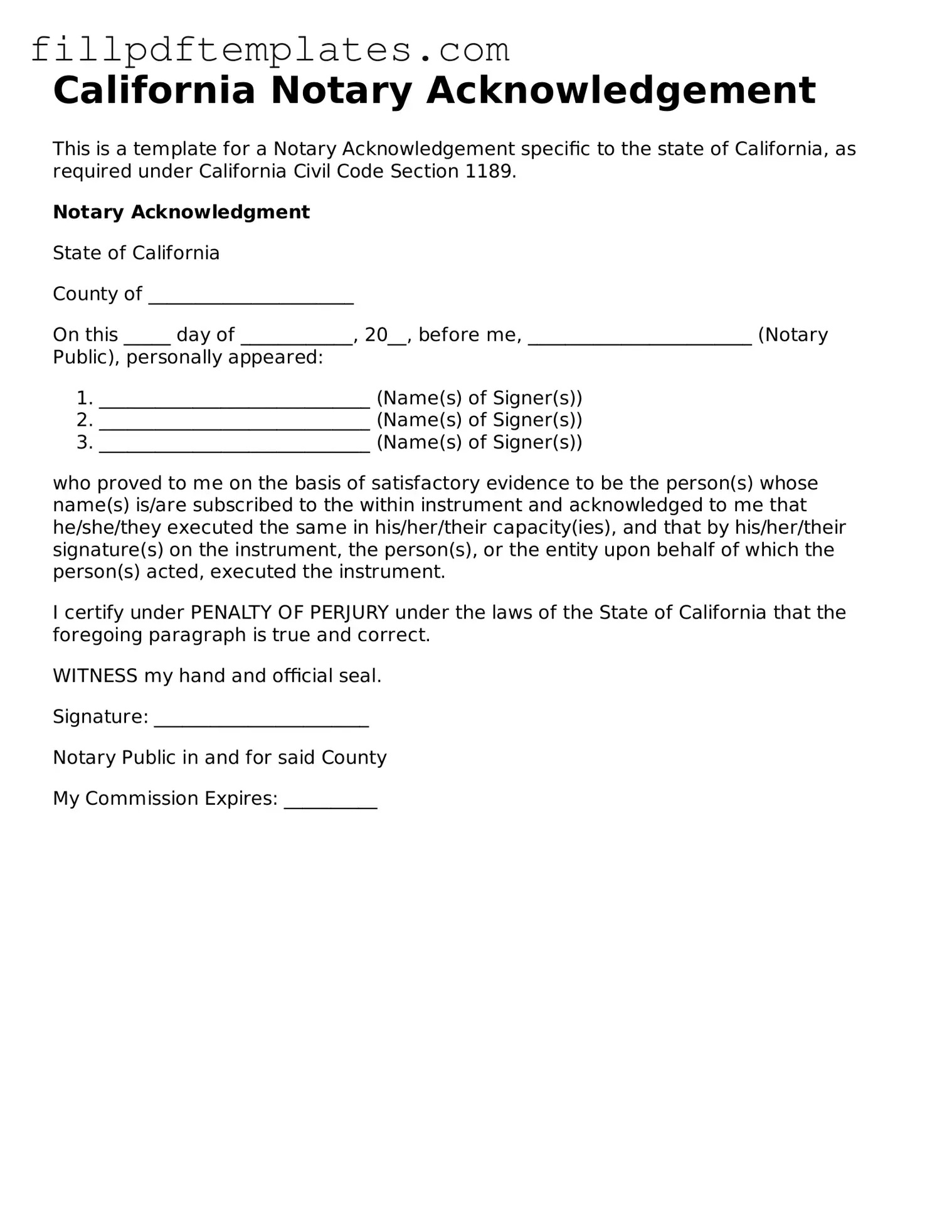Blank California Notary Acknowledgement Form