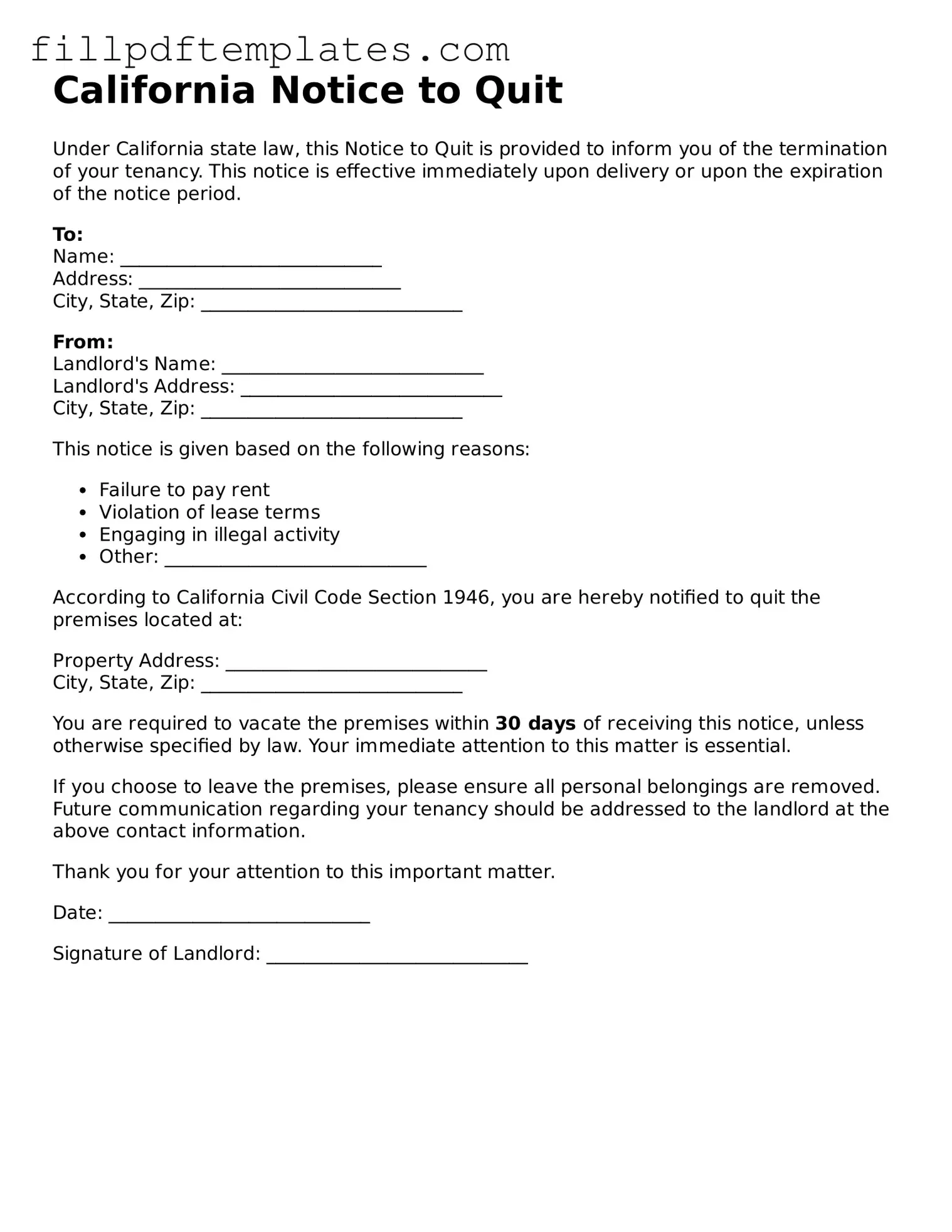 Blank California Notice to Quit Form