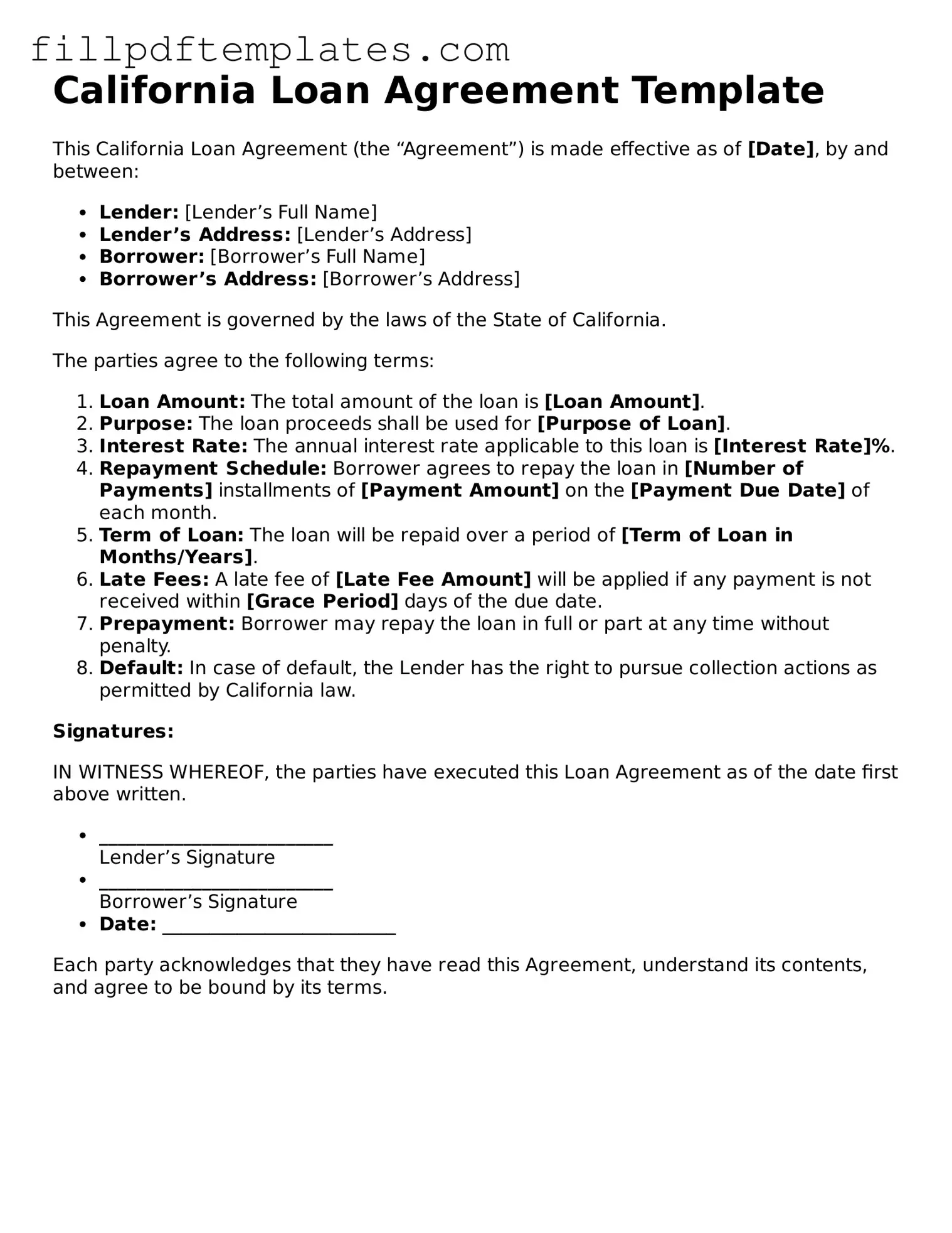 Blank California Loan Agreement Form
