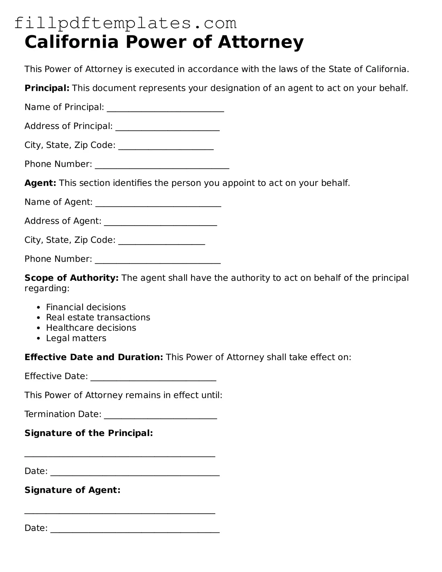 Blank California Power of Attorney Form