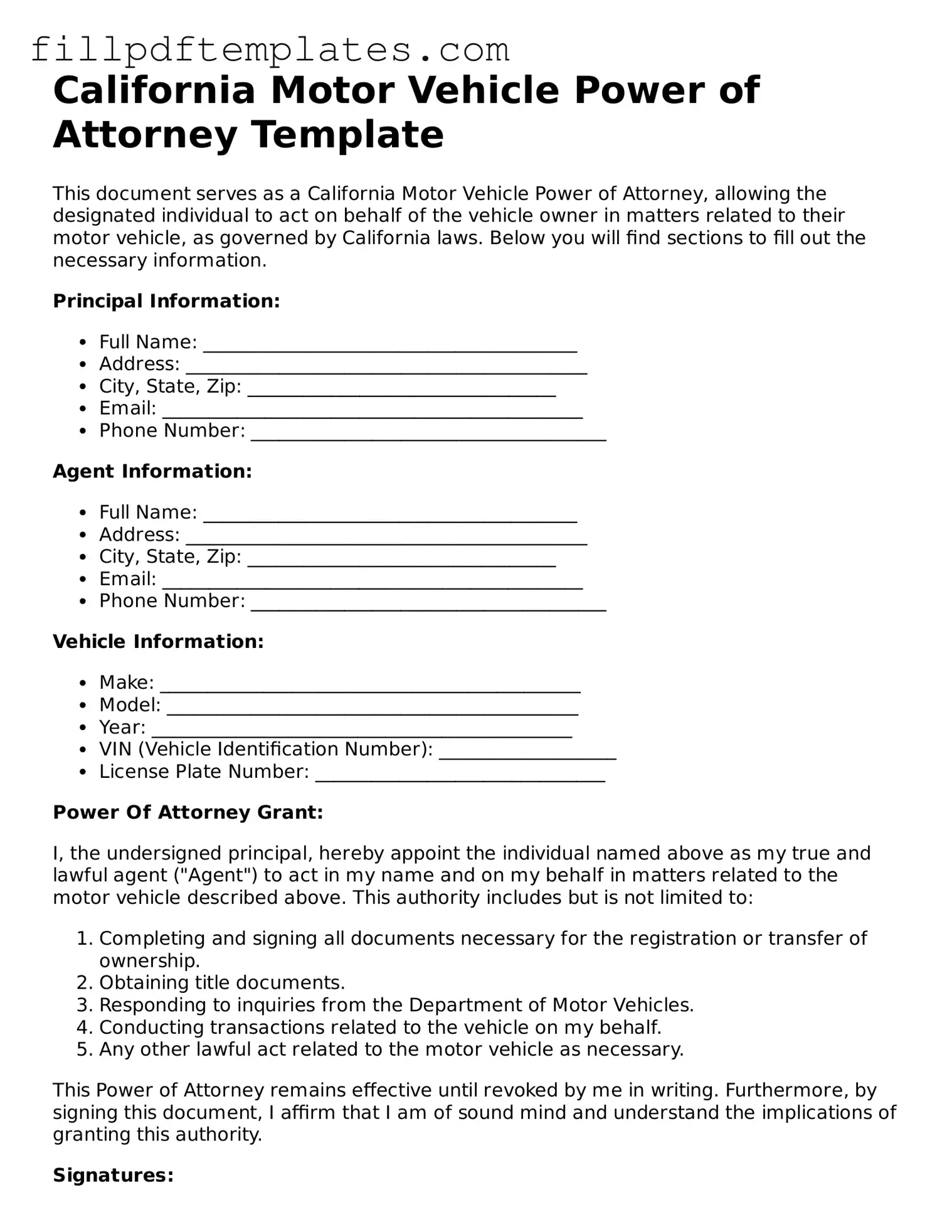 Blank California Motor Vehicle Power of Attorney Form