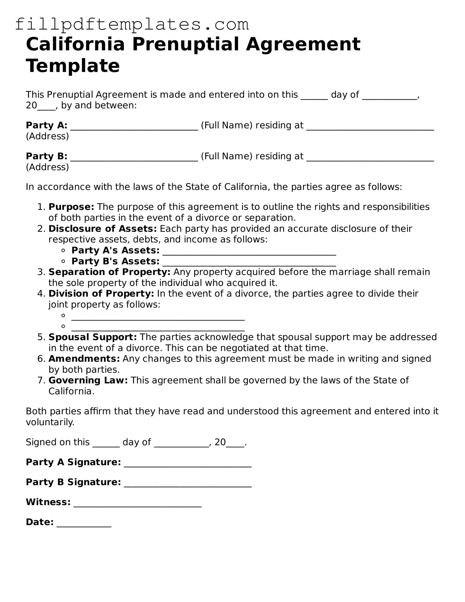 Blank California Prenuptial Agreement Form