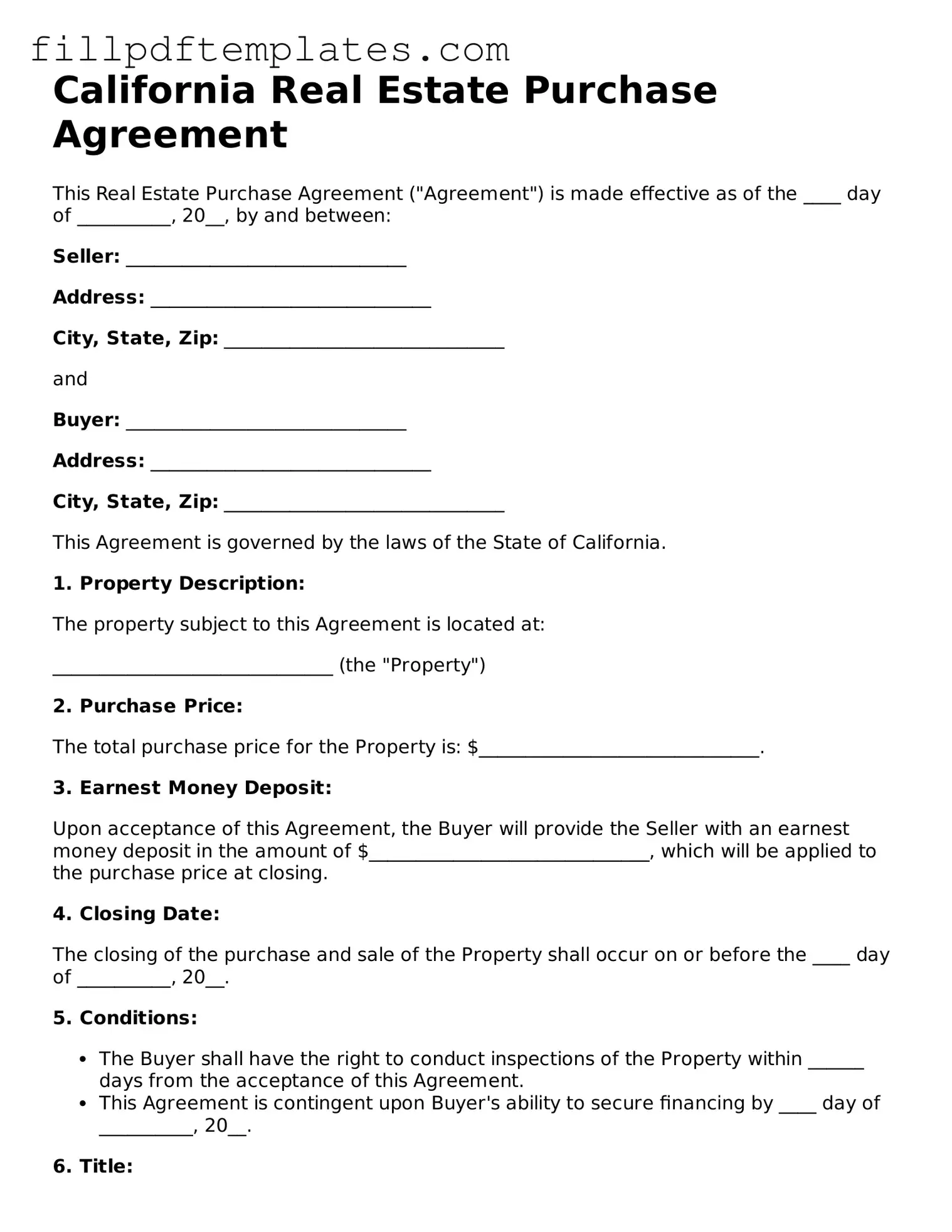 Blank California Real Estate Purchase Agreement Form