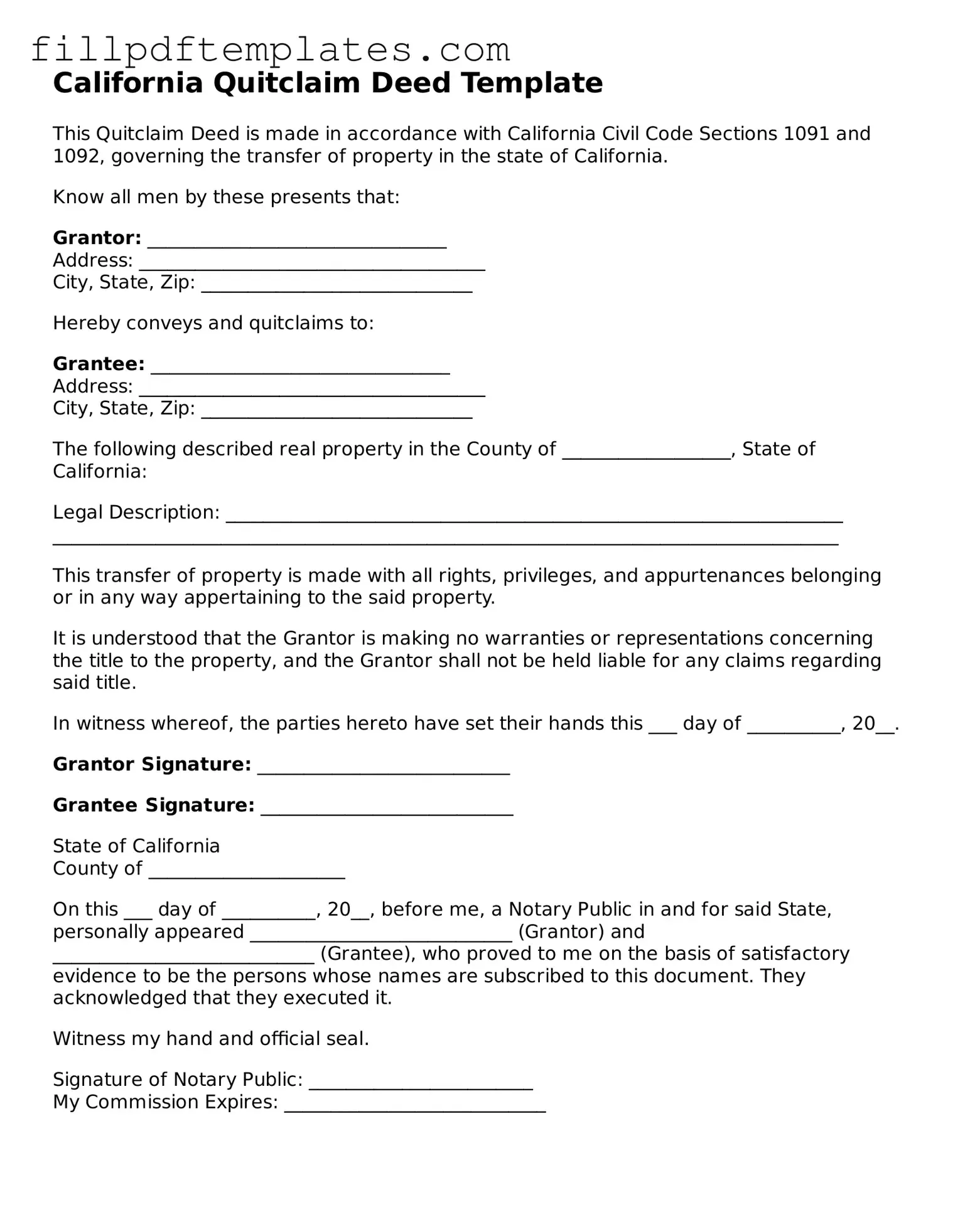 Blank California Quitclaim Deed Form