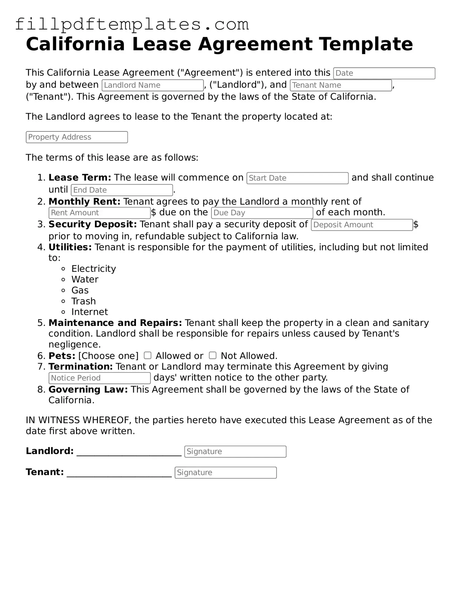 Blank California Lease Agreement Form