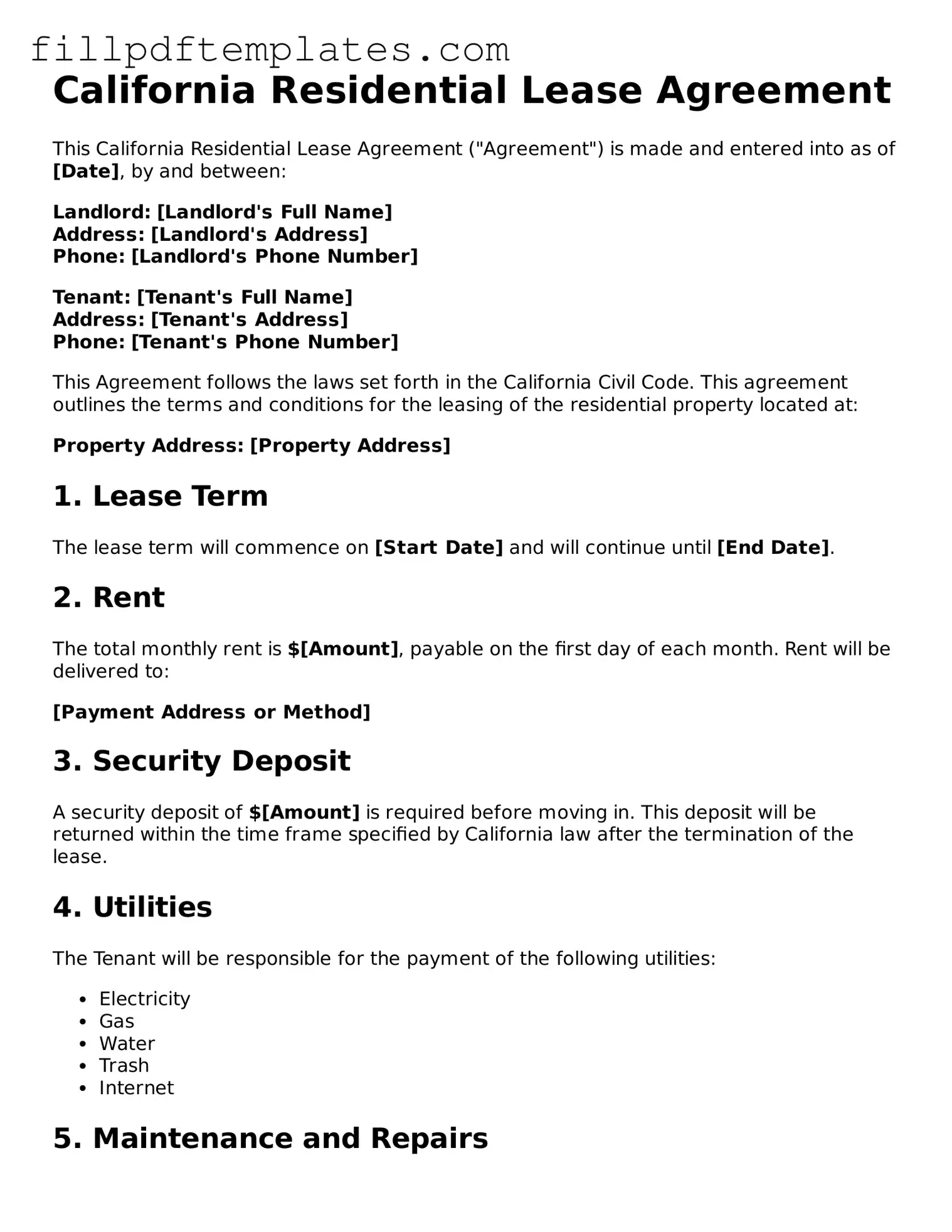 Blank California Residential Lease Agreement Form