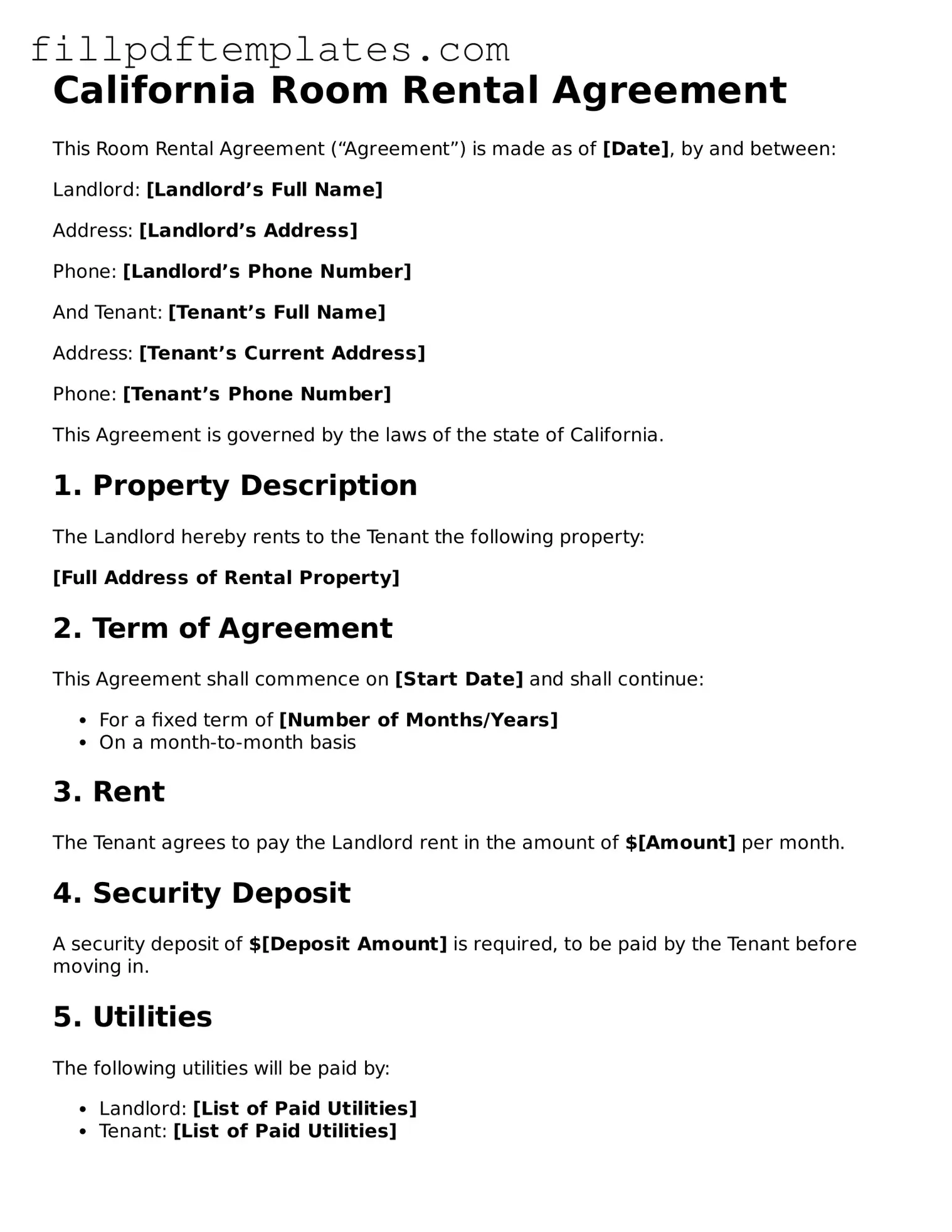 Blank California Room Rental Agreement Form