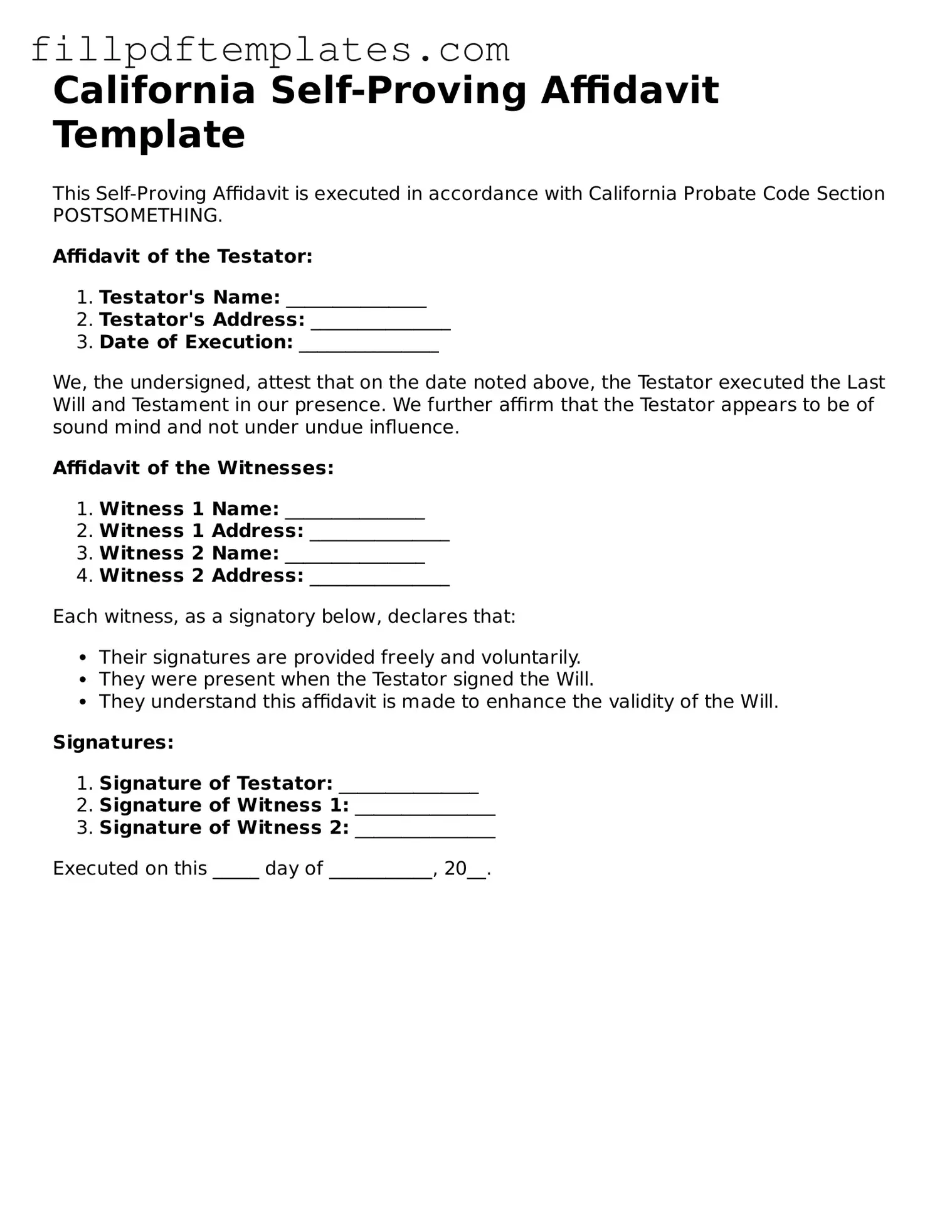 Blank California Self-Proving Affidavit Form
