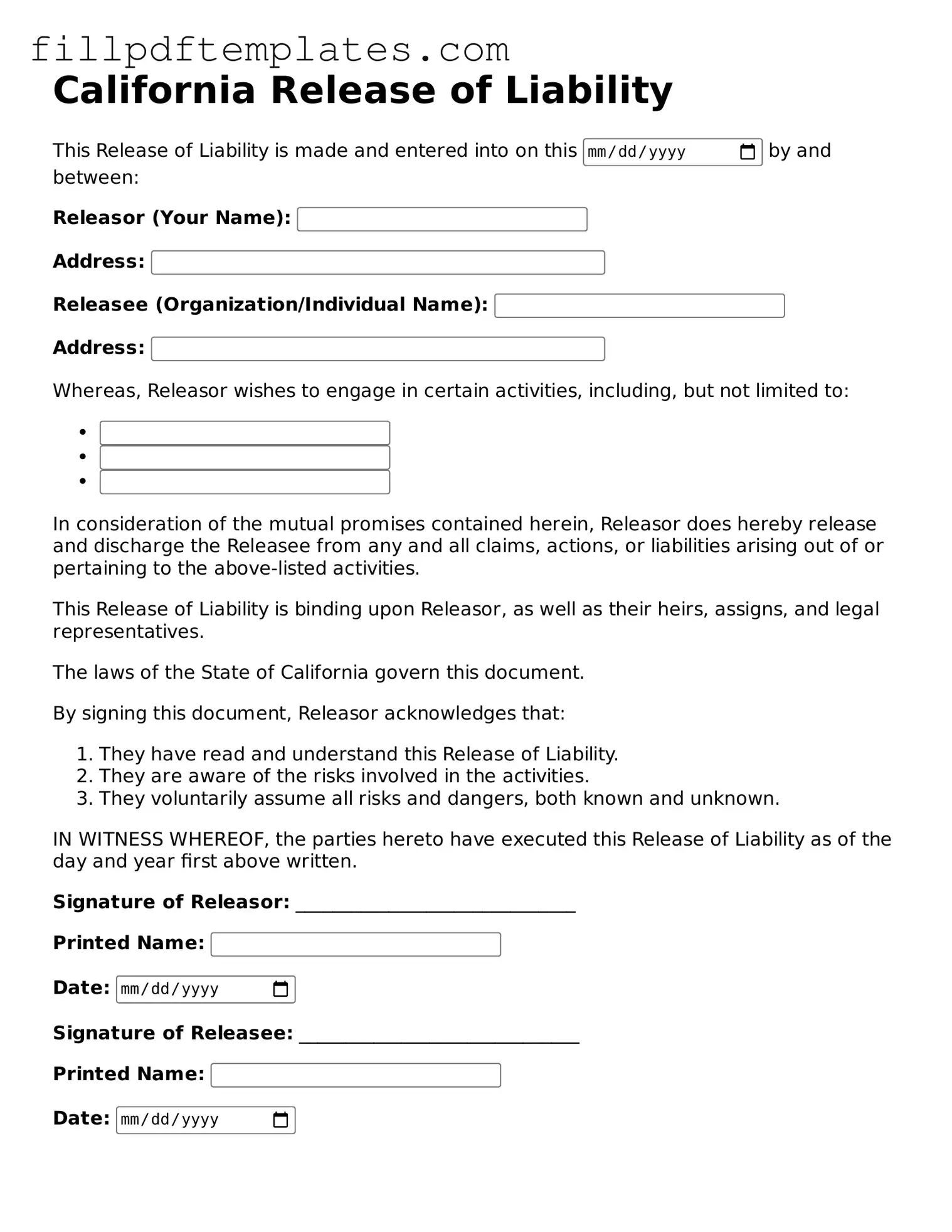Blank California Release of Liability Form