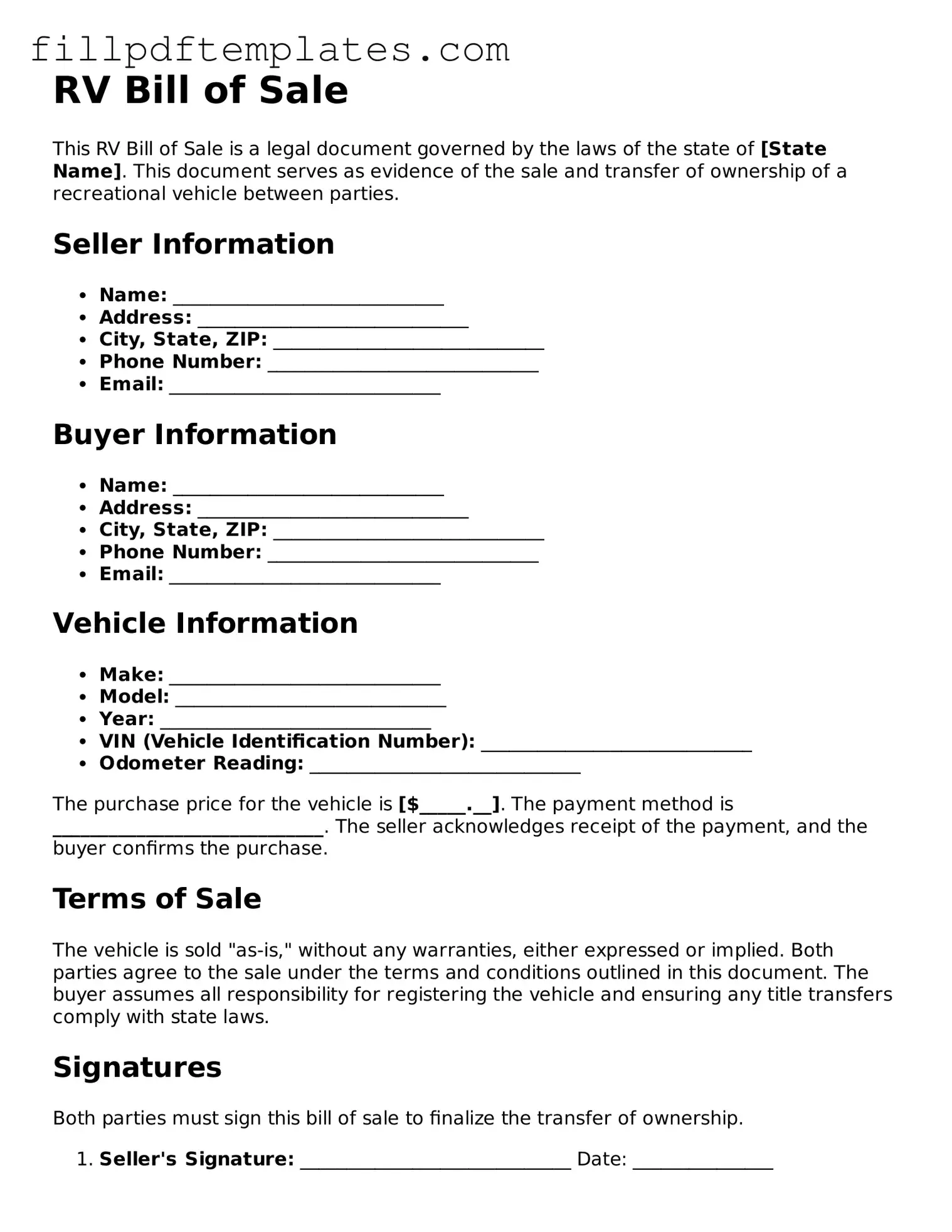Valid RV Bill of Sale Form