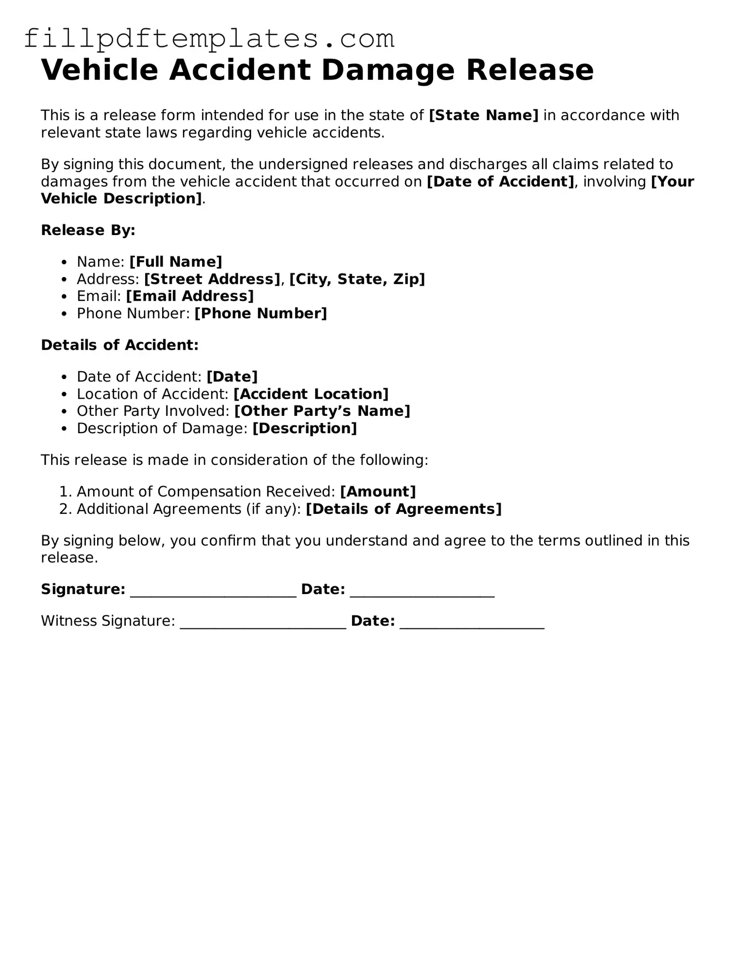 Valid Vehicle Accident Damage Release Form