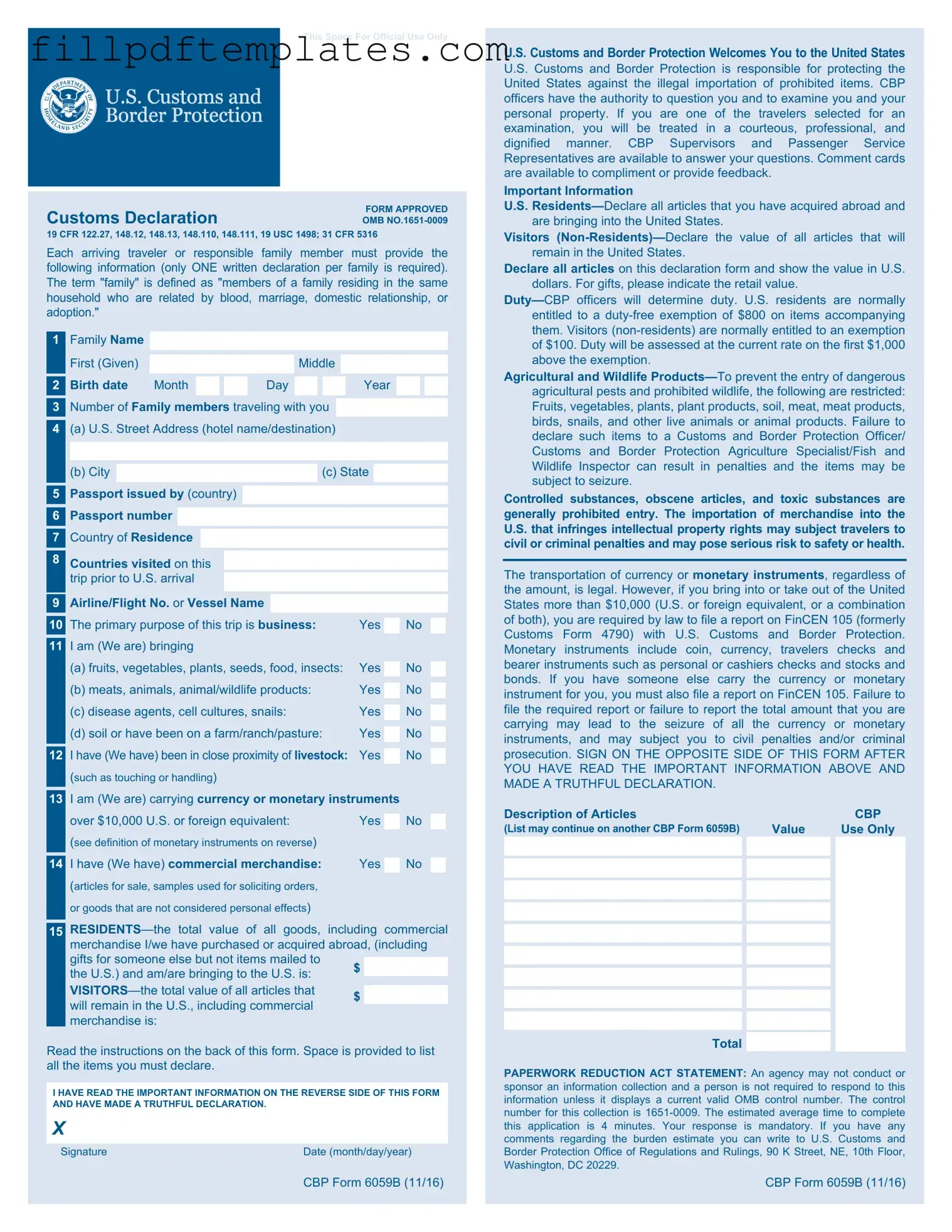 Fill a Valid CBP 6059B Template
