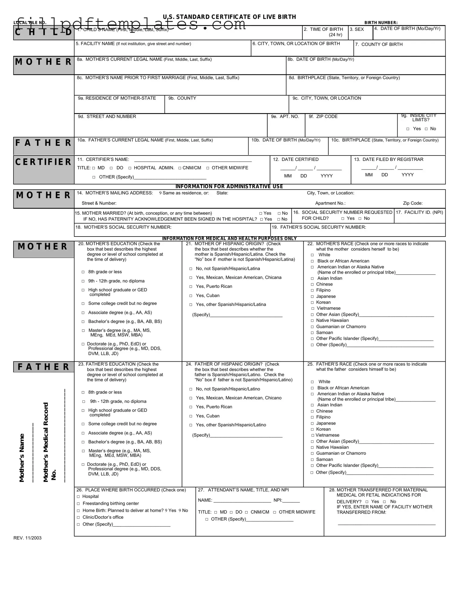 Fill a Valid CDC U.S. Standard Certificate of Live Birth Template