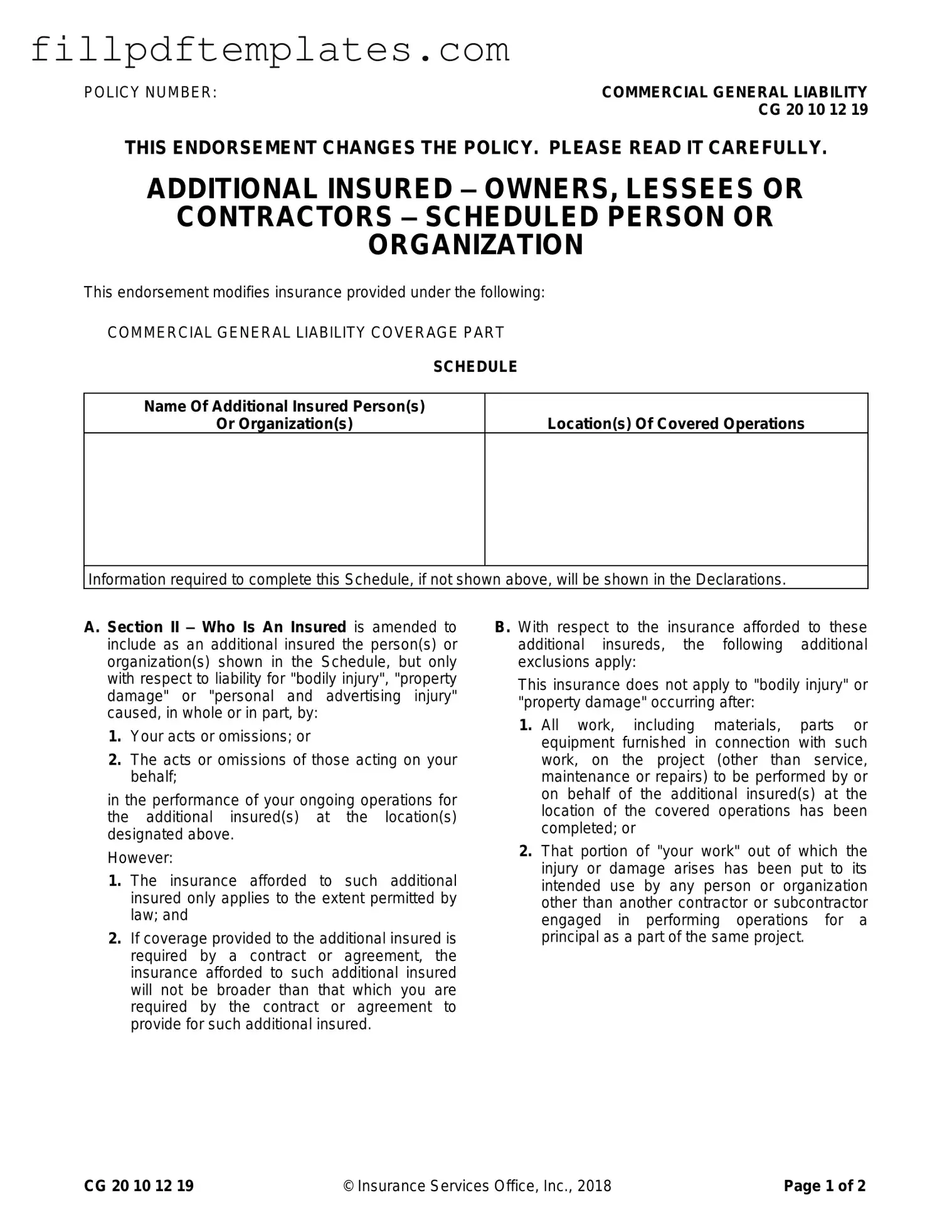 Fill a Valid Cg 20 10 07 04 Liability Endorsement Template