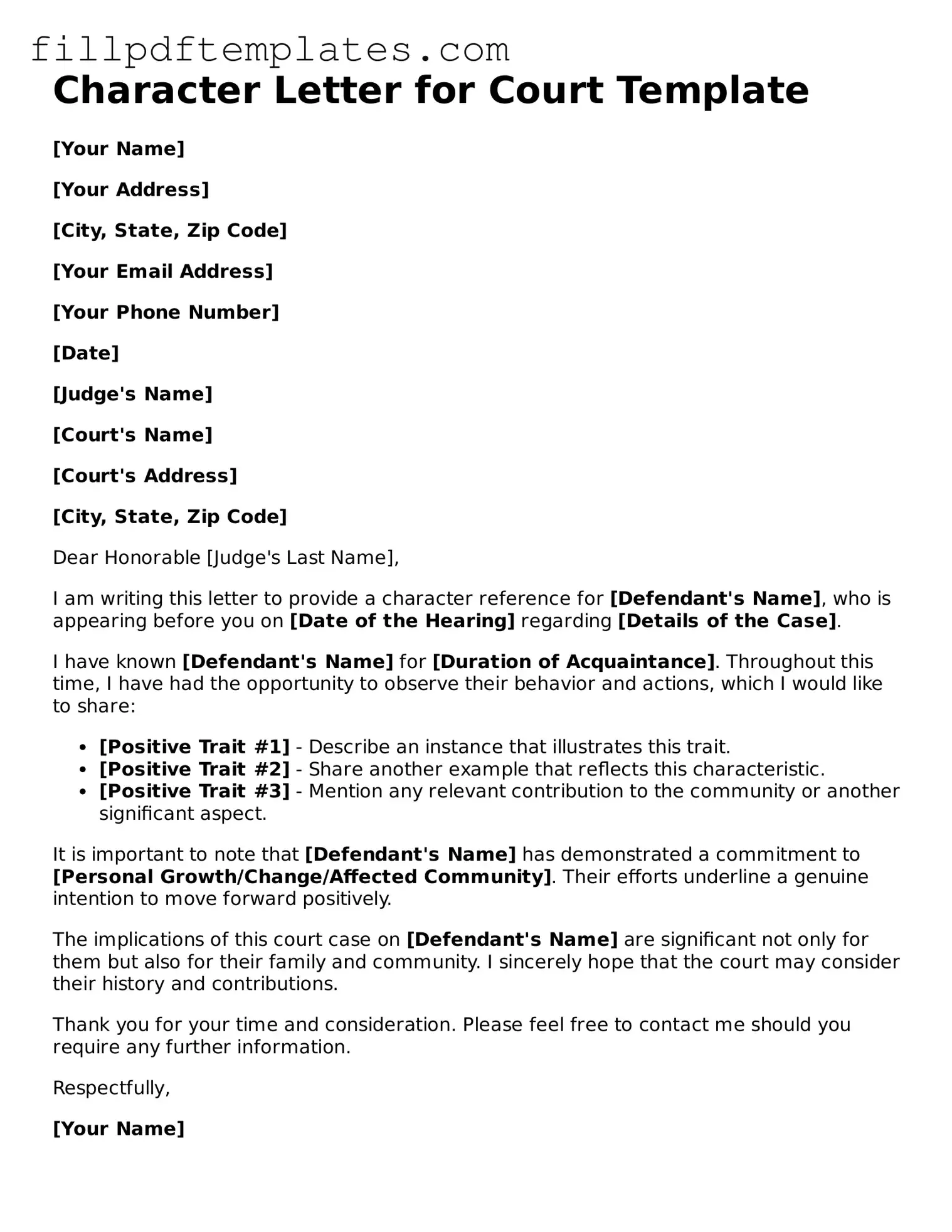 Valid Character Letter for Court Form