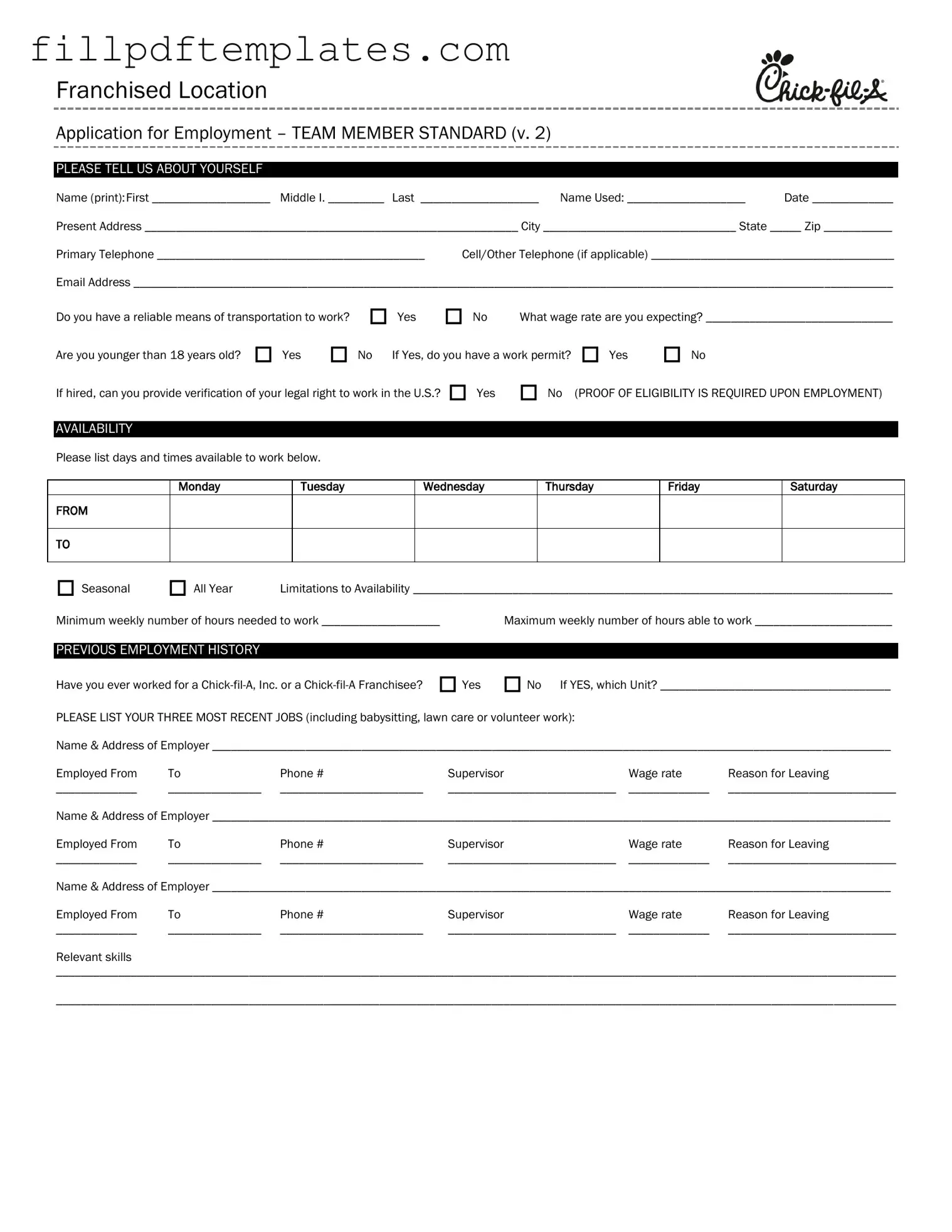 Fill a Valid Chick Fil A Job Application Template