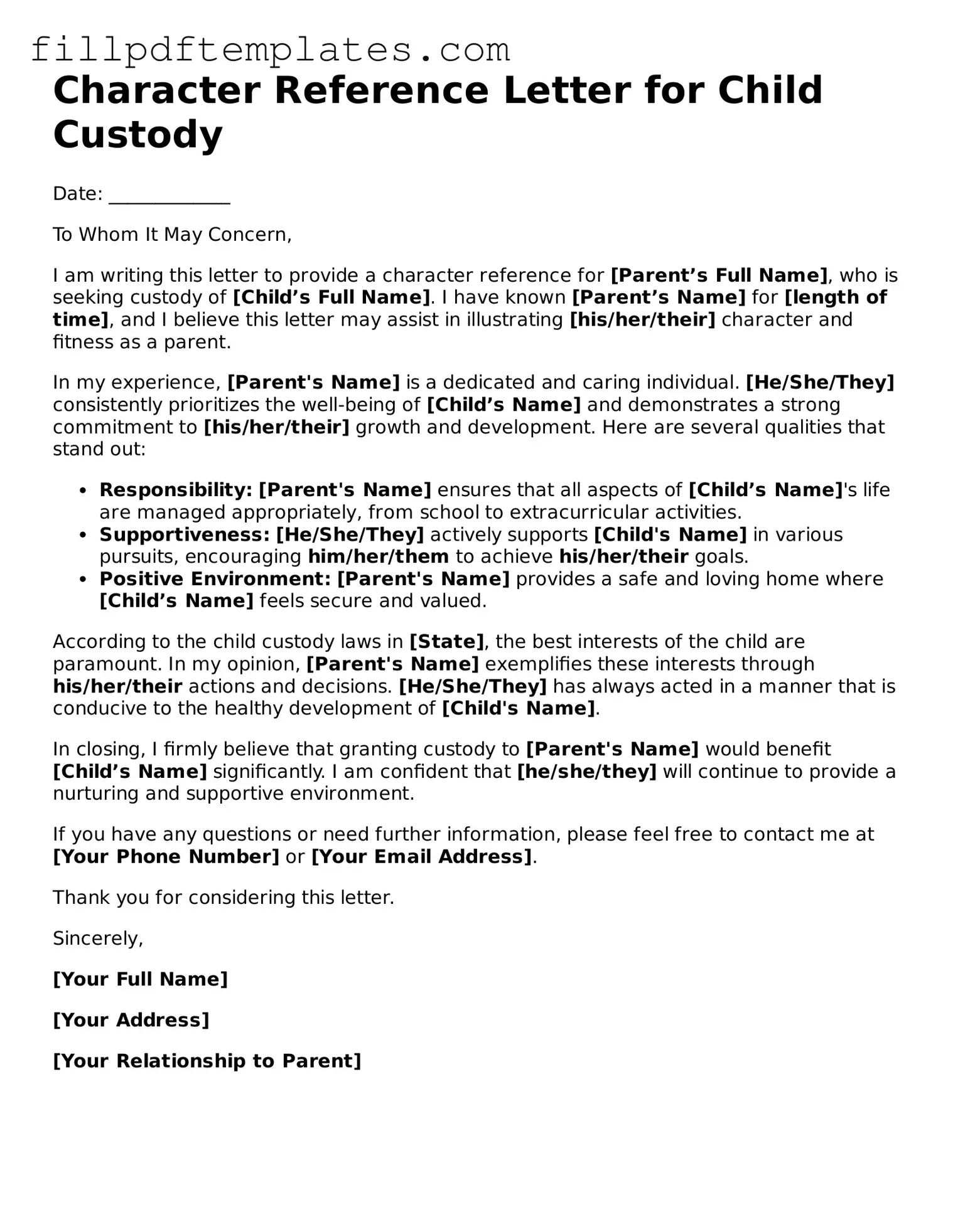 Valid Character Reference Letter for Child Custody Form