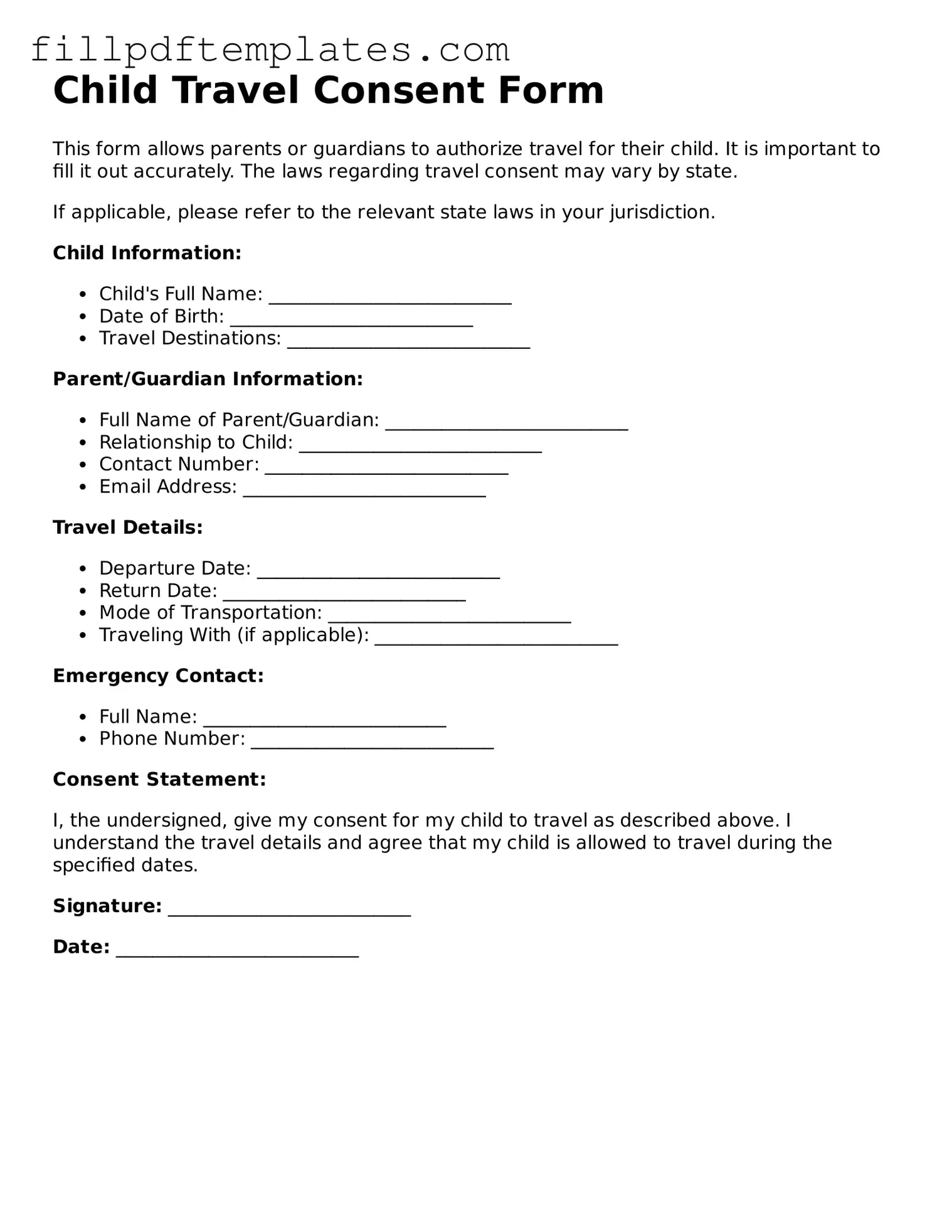 Valid Child Travel Consent Form Form