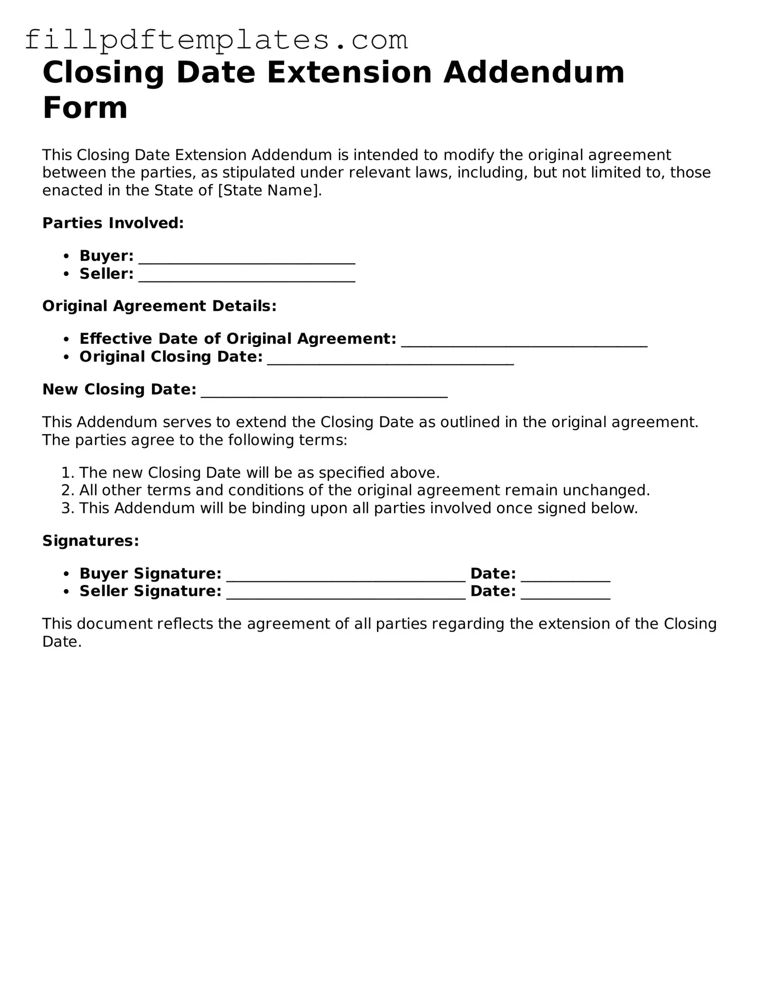 Valid Closing Date Extension Addendum Form Form