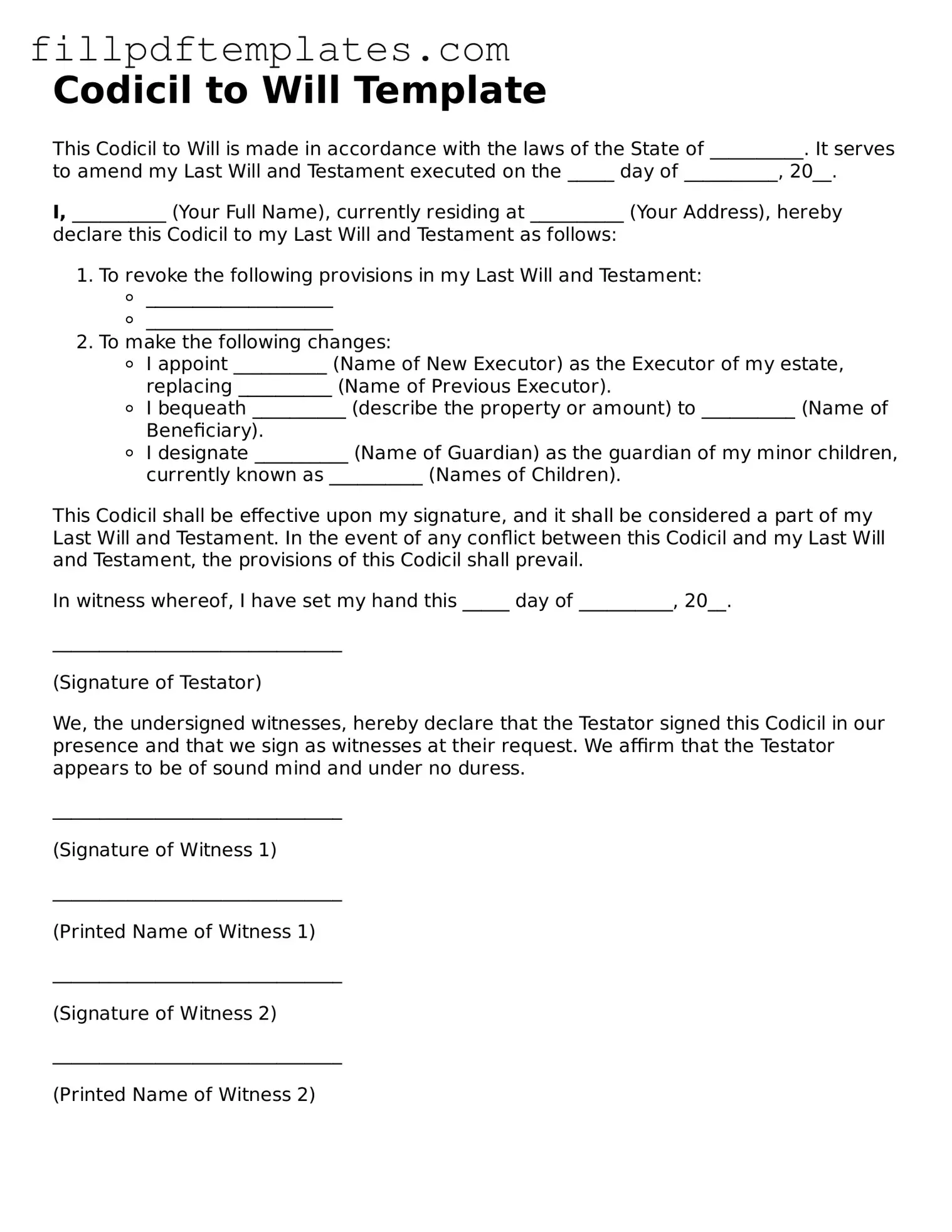 Valid Codicil to Will Form