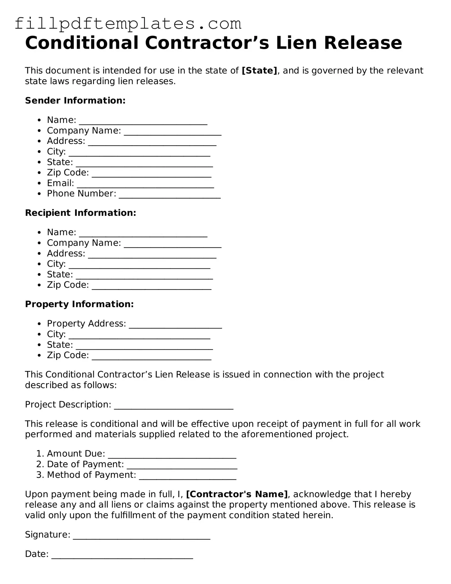 Valid Conditional Contractor’s Lien Release Form