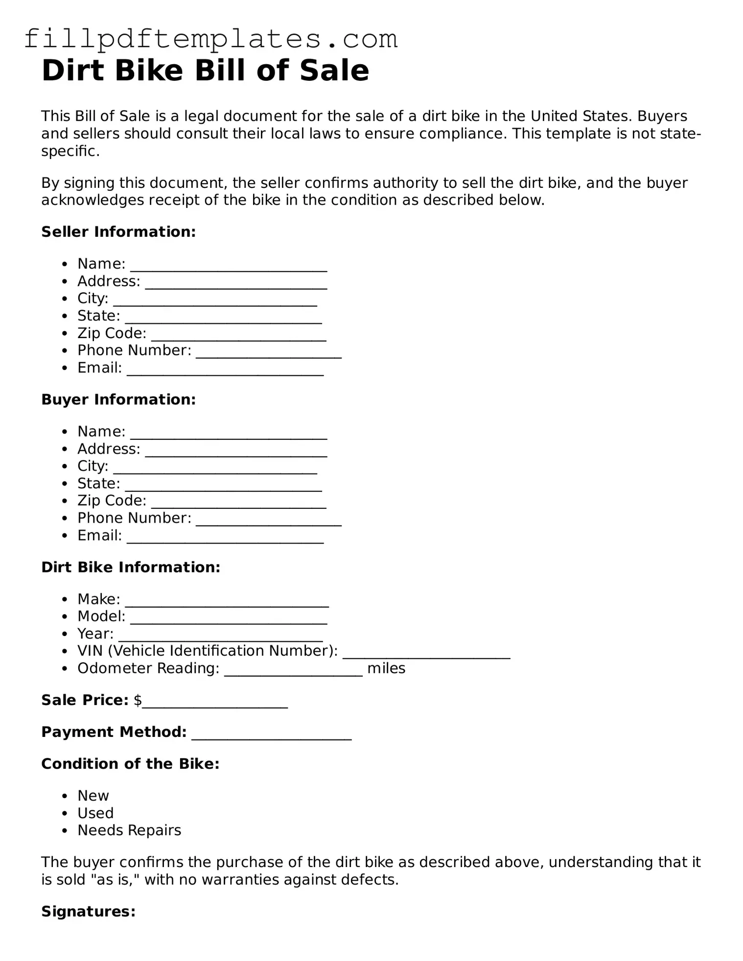 Valid Dirt Bike Bill of Sale Form