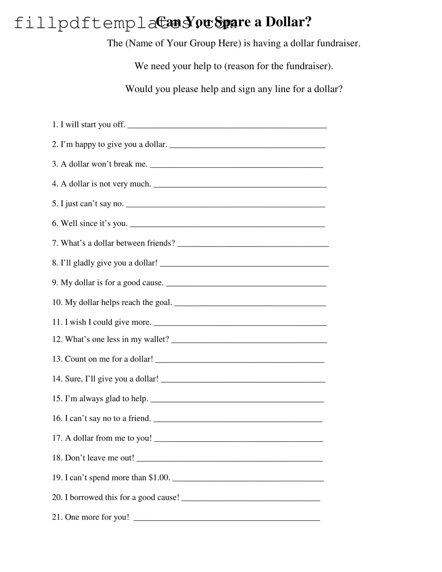 Fill a Valid Donated A Dollar Template