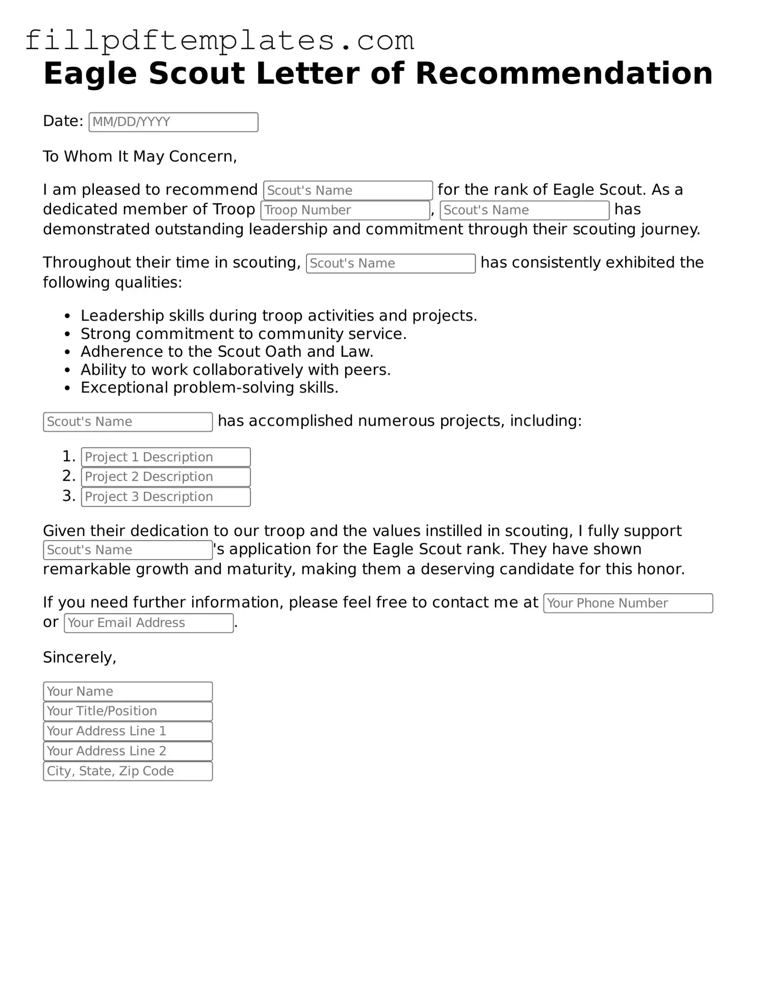 Valid Eagle Scout Letter of Recommendation Form