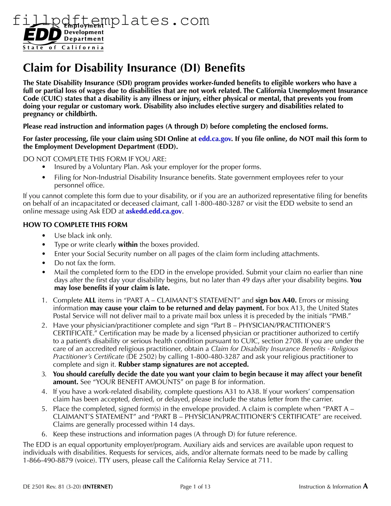 Fill a Valid EDD DE 2501 Template