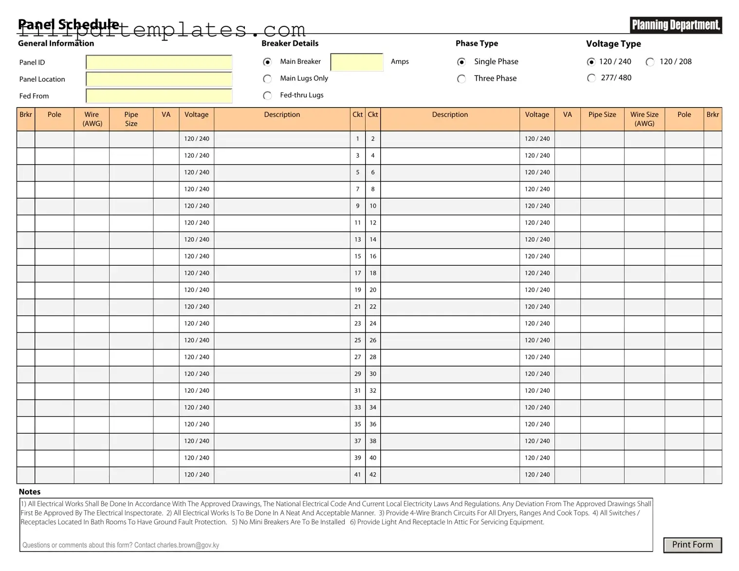 Fill a Valid Electrical Panel Schedule Template