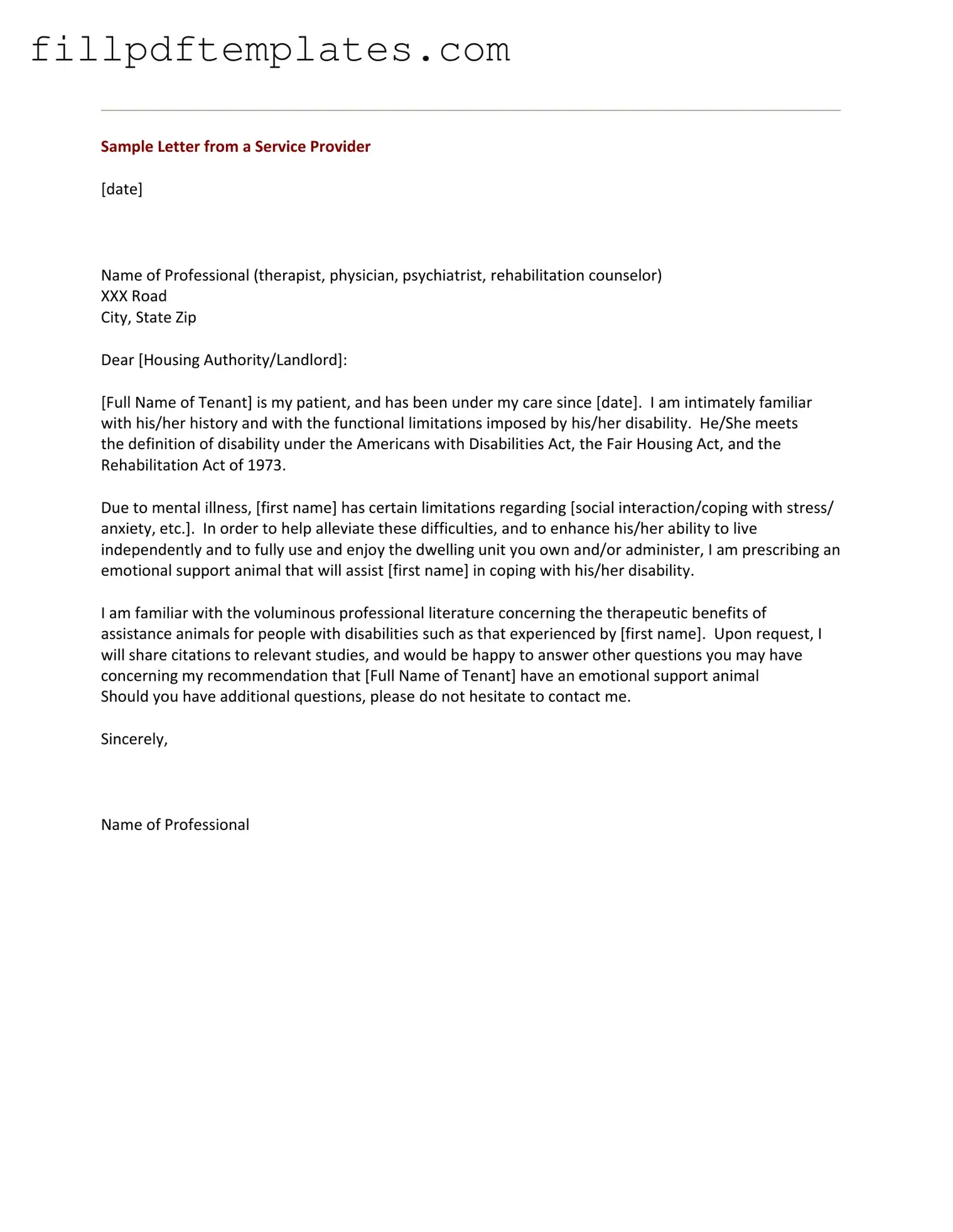 Fill a Valid Emotional Support Animal Letter Template