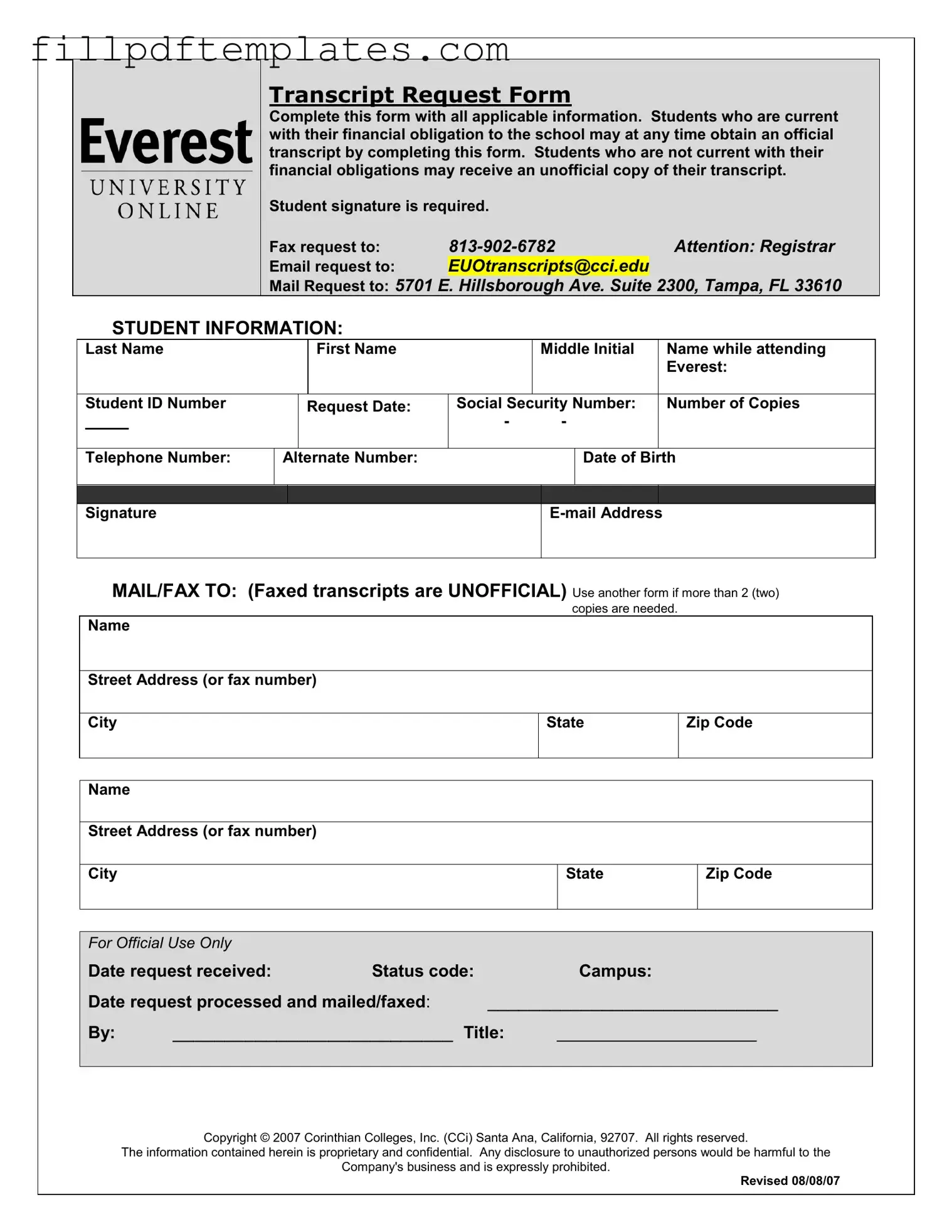 Fill a Valid Everest University Transcript Template