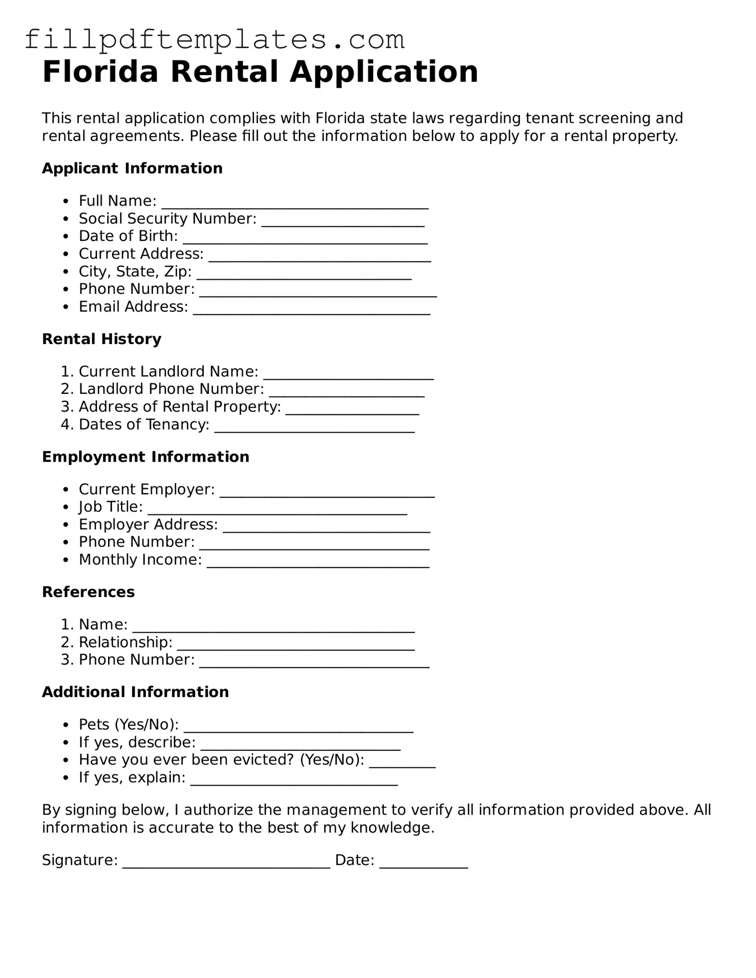 Blank Florida Rental Application Form