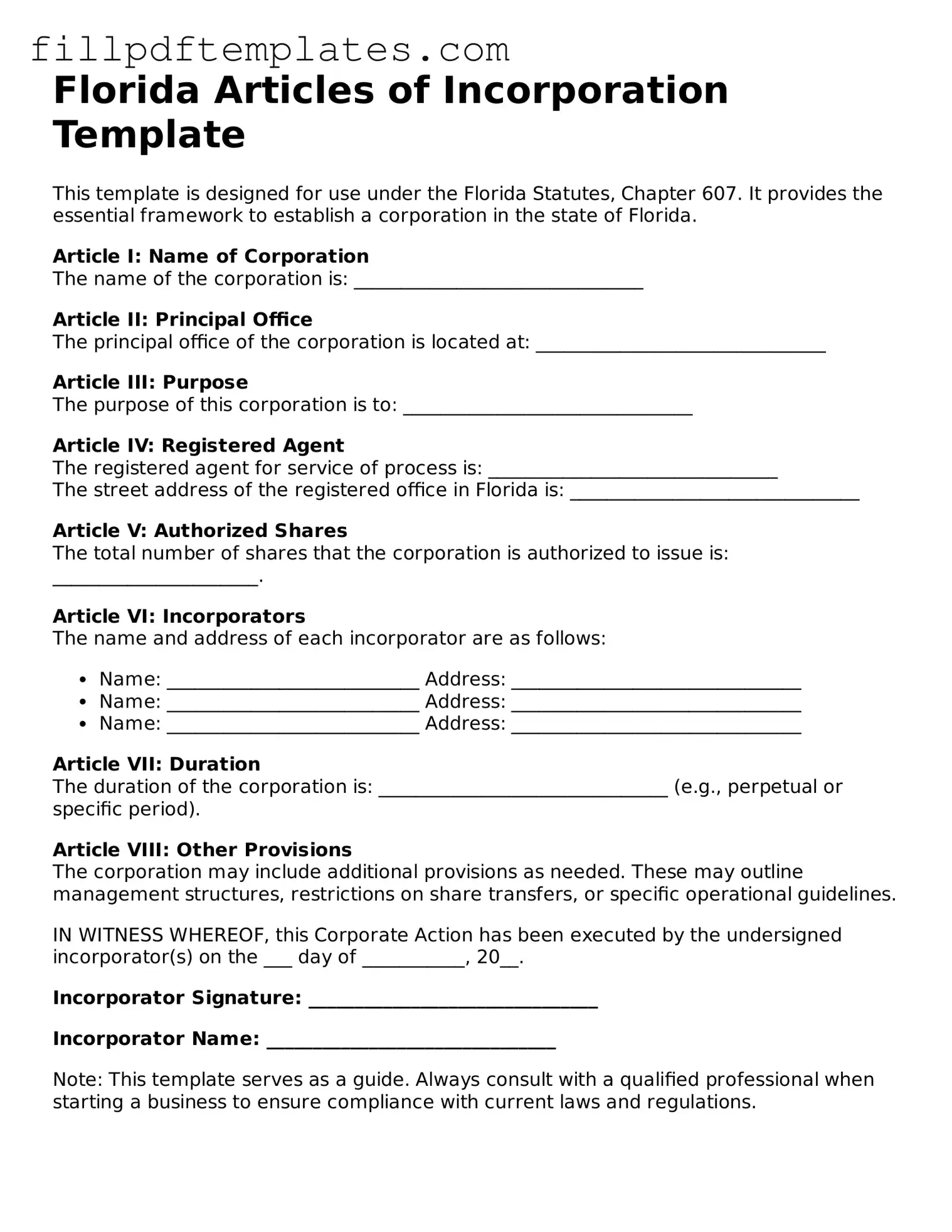 Blank Florida Articles of Incorporation Form