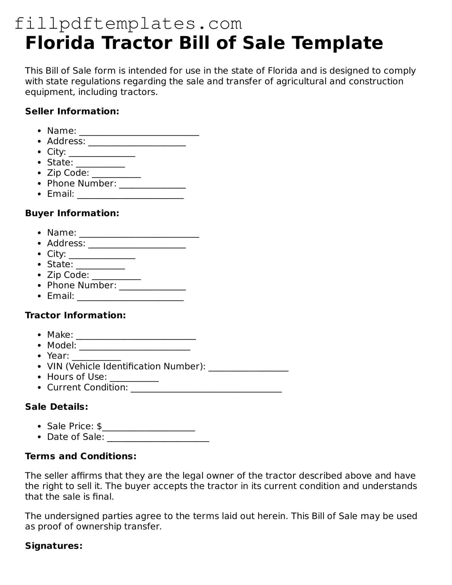 Blank Florida Tractor Bill of Sale Form