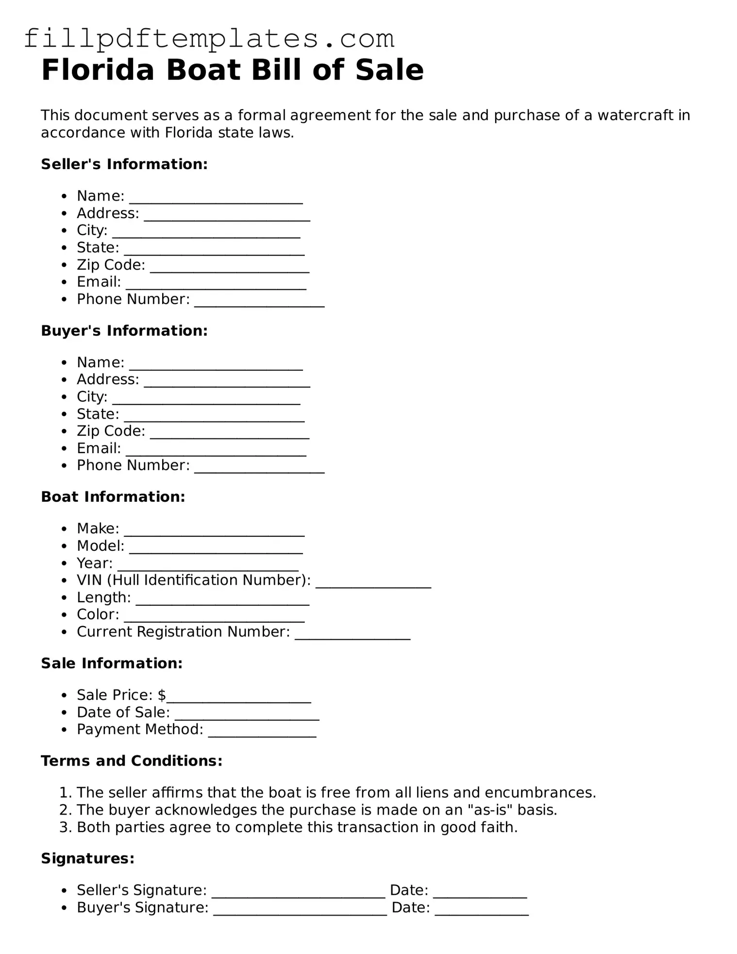 Blank Florida Boat Bill of Sale Form
