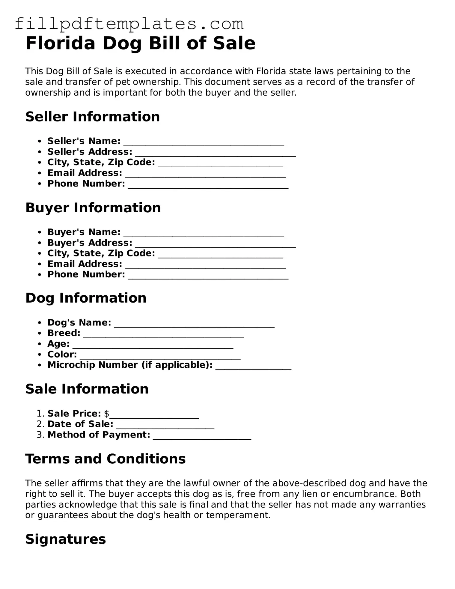 Blank Florida Dog Bill of Sale Form