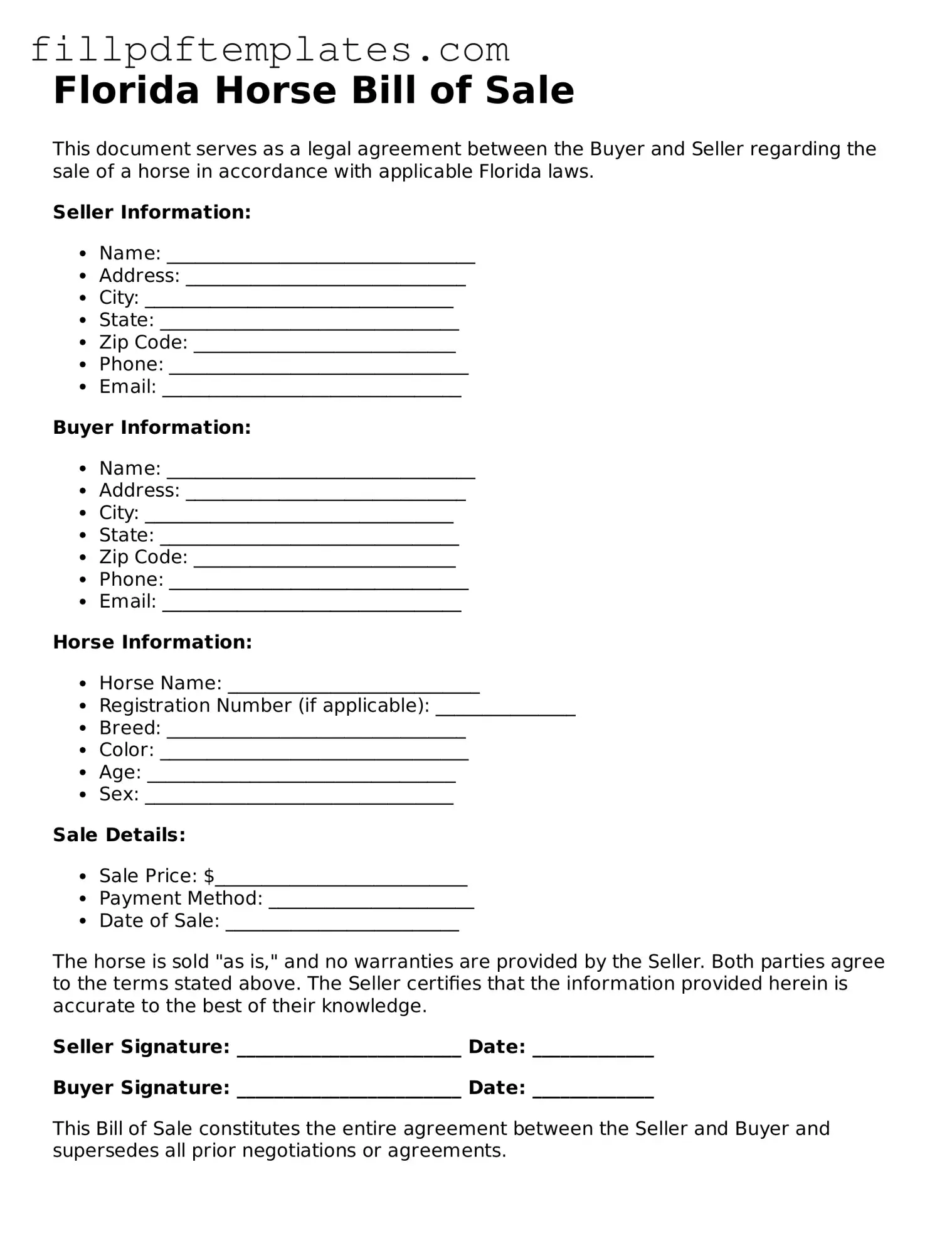 Blank Florida Horse Bill of Sale Form