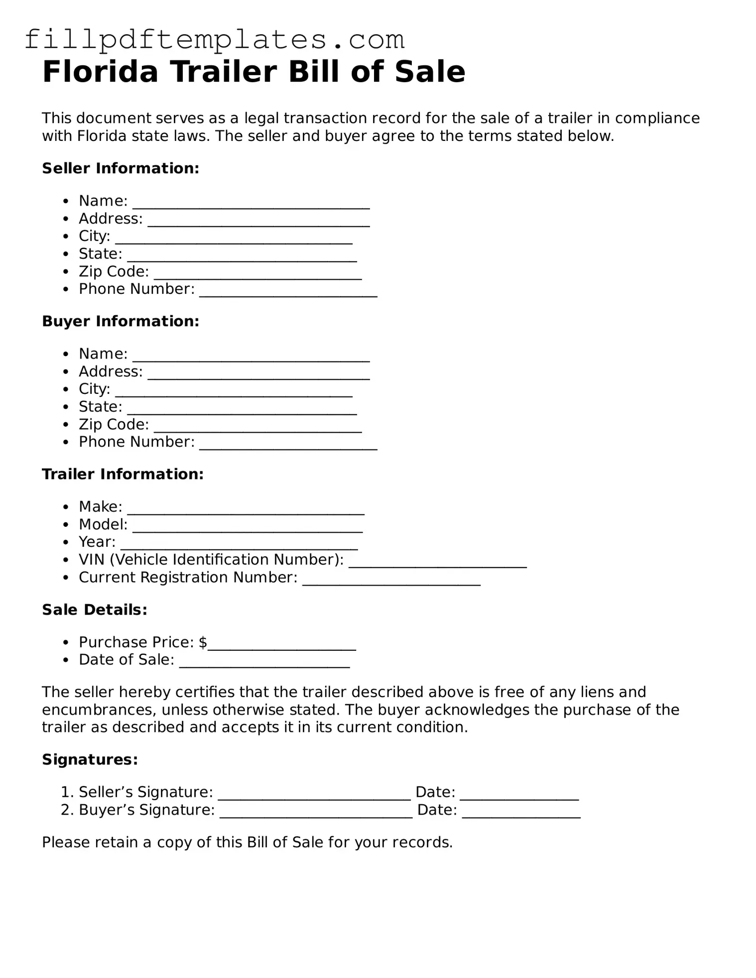 Blank Florida Trailer Bill of Sale Form