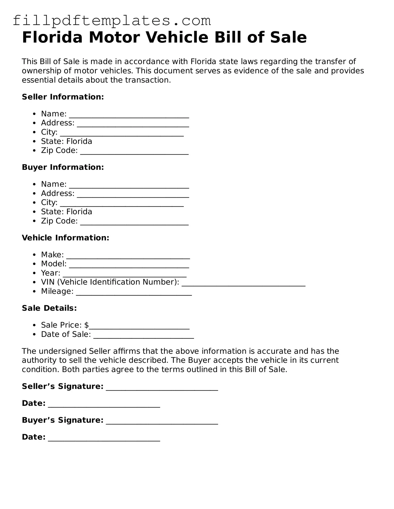 Blank Florida Motor Vehicle Bill of Sale Form