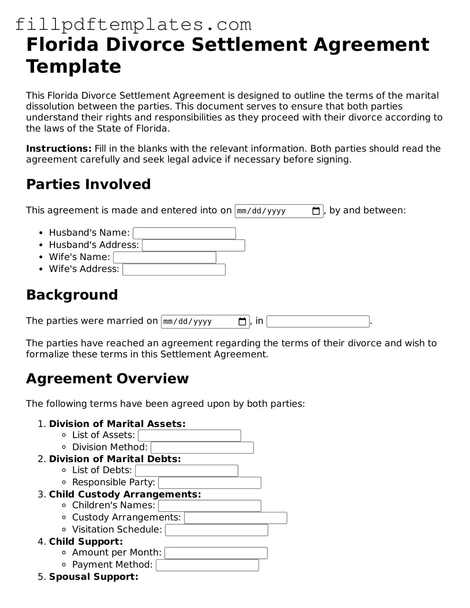 Blank Florida Divorce Settlement Agreement Form