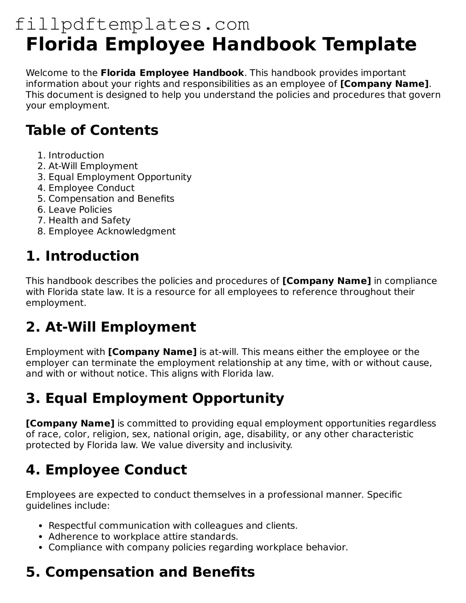 Blank Florida Employee Handbook Form