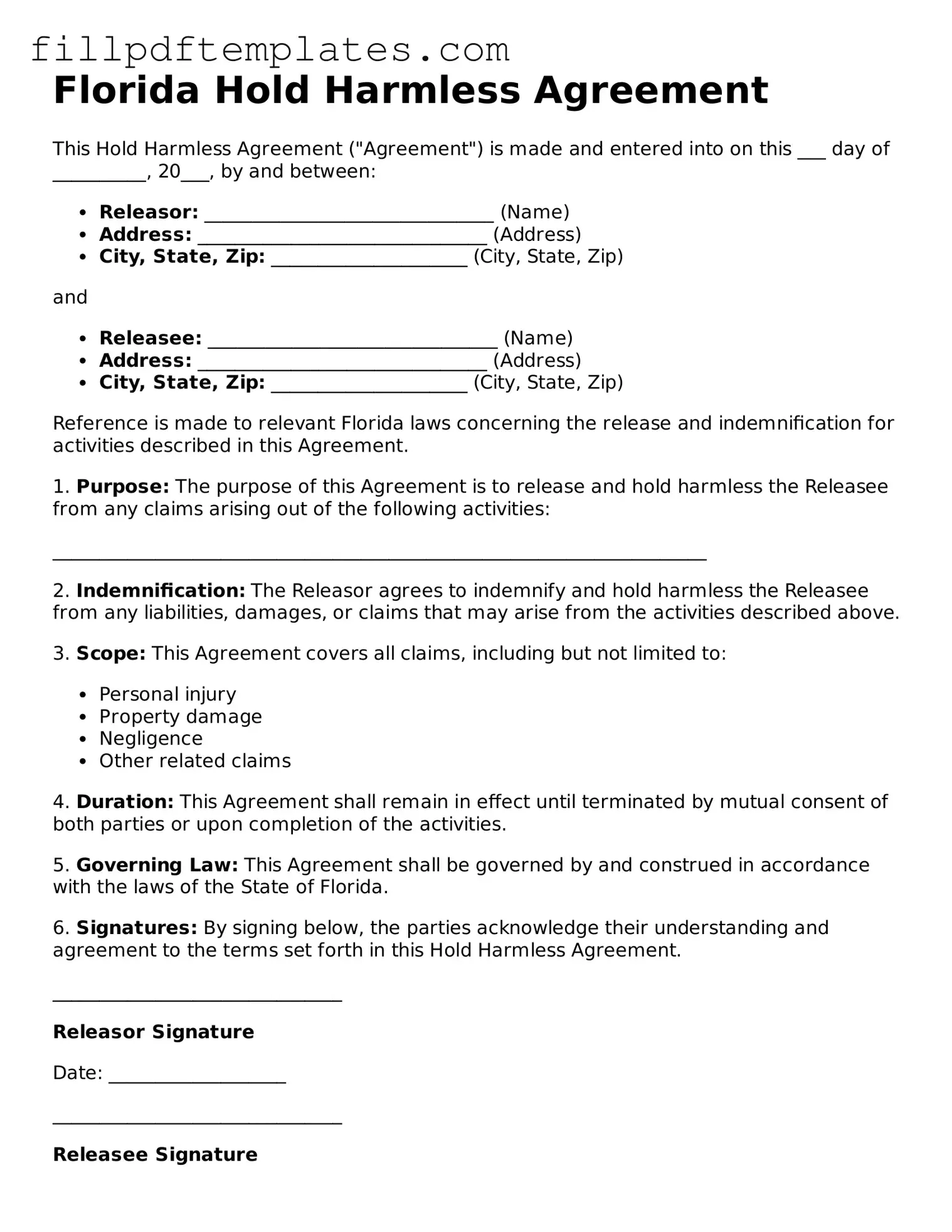 Blank Florida Hold Harmless Agreement Form