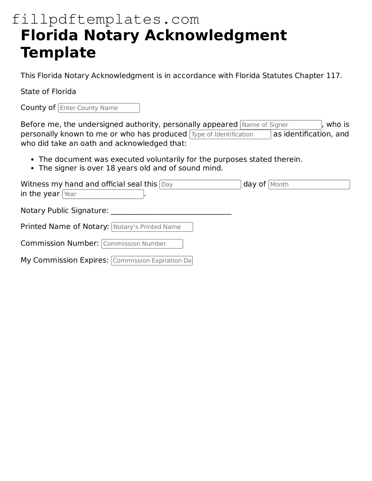 Blank Florida Notary Acknowledgement Form