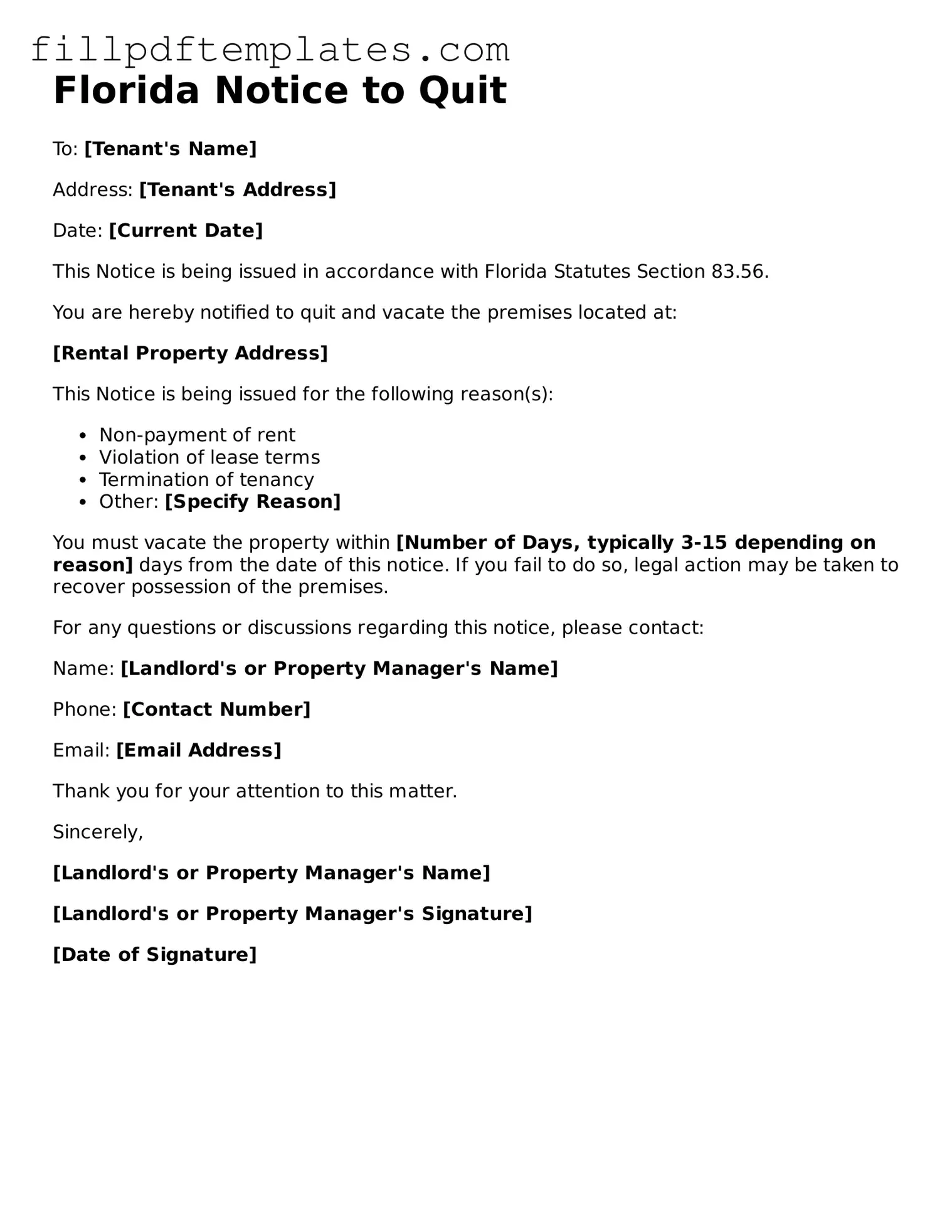 Blank Florida Notice to Quit Form