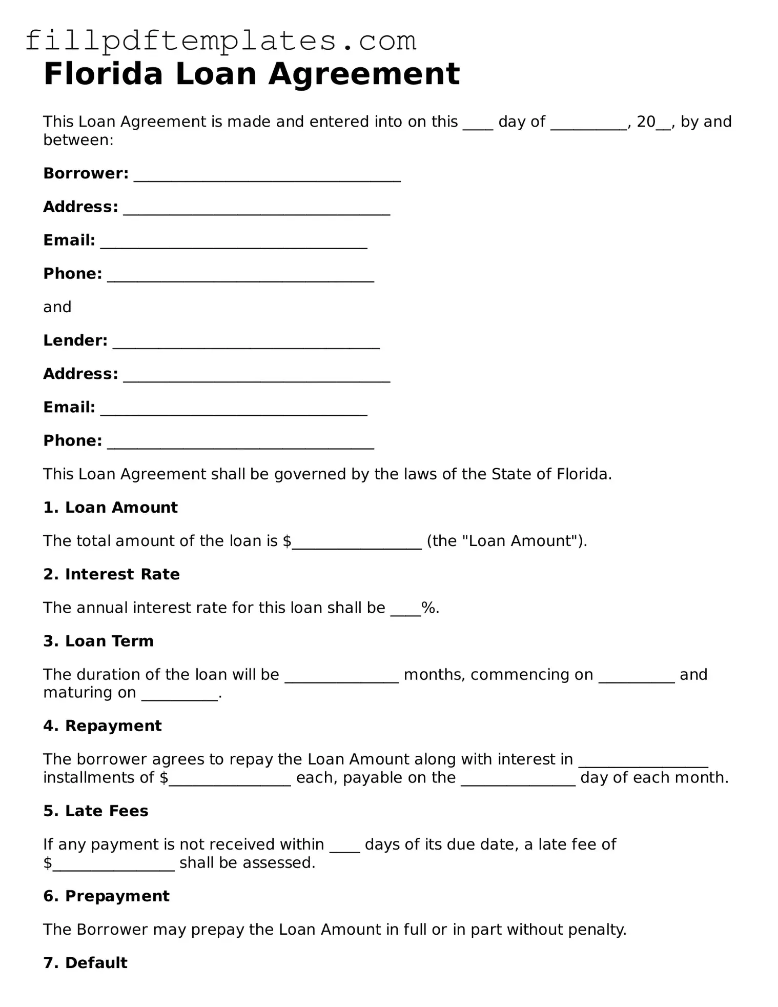 Blank Florida Loan Agreement Form