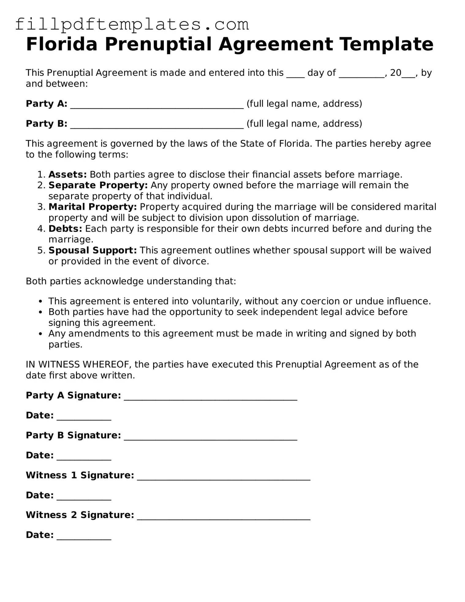Blank Florida Prenuptial Agreement Form