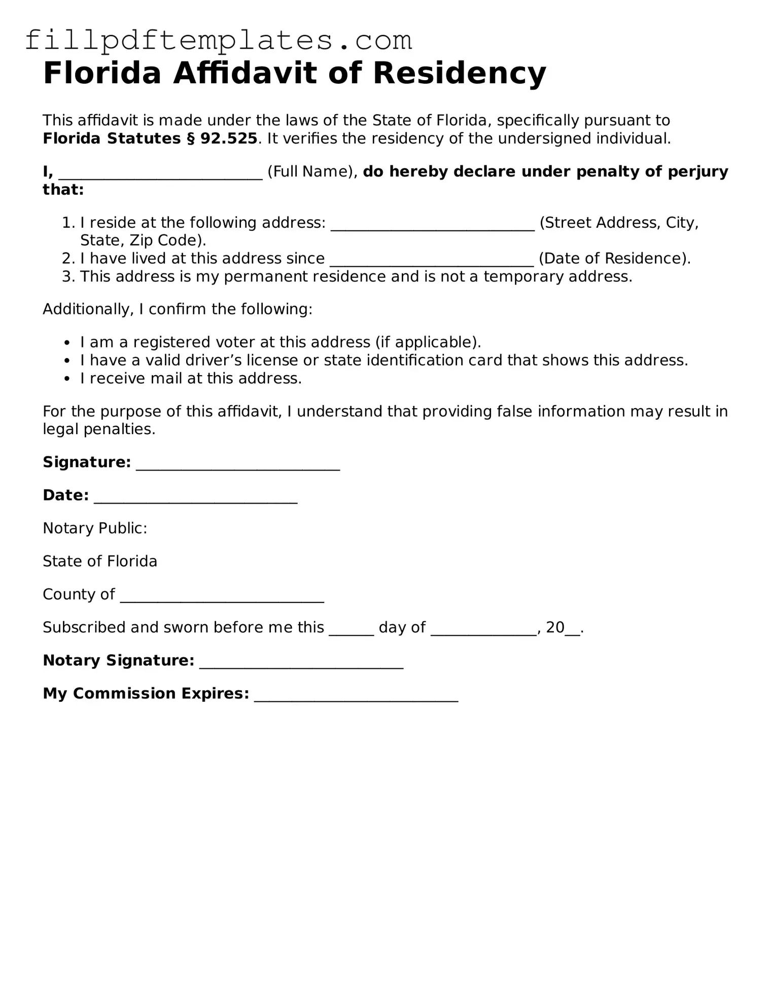 Blank Florida Affidavit of Residency Form