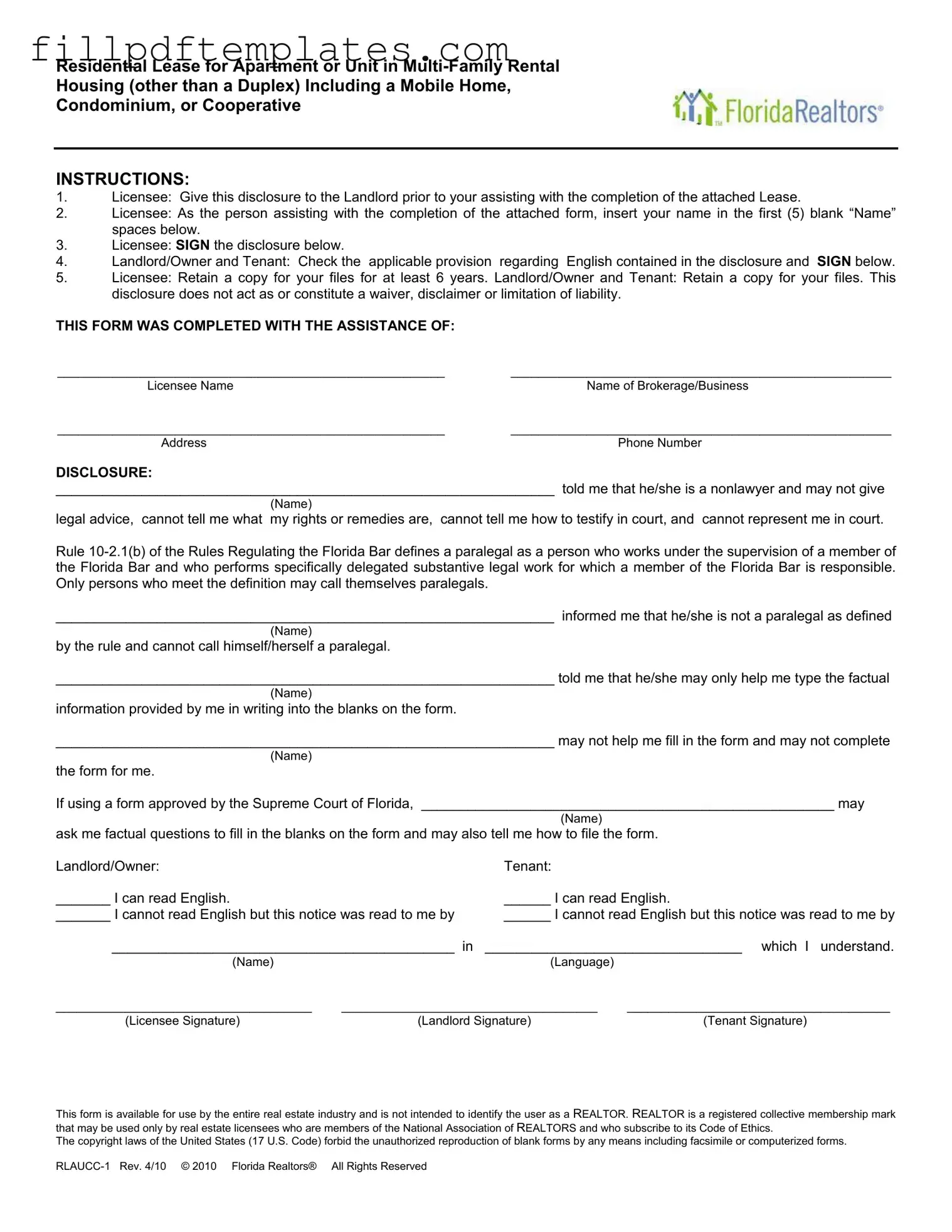 Fill a Valid Florida Realtors Residential Lease Template