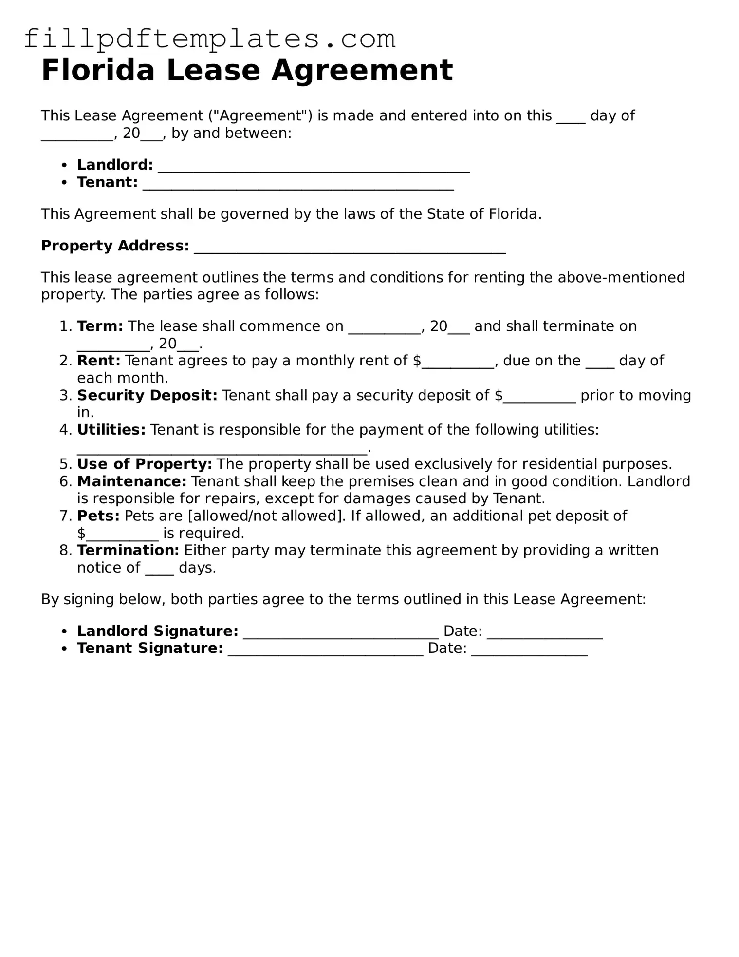 Blank Florida Lease Agreement Form